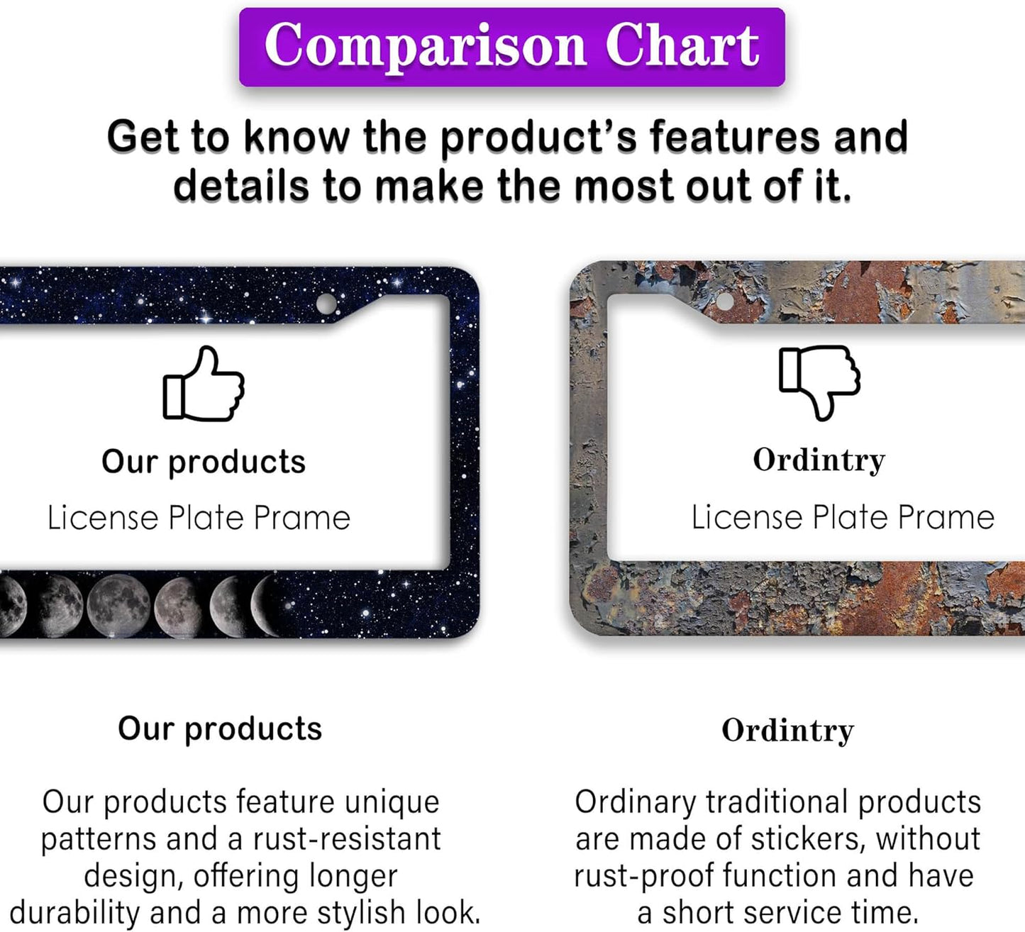 Automotive Exterior Accessories Black and White License Plate Frames Celestial Moon Phases Aluminum Metal Car Accessory 2 Pack with Screw Covers Set