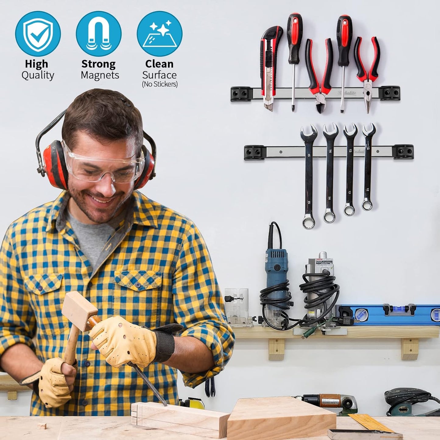 6 Pieces 12" Magnetic Tool Holder Strip, Stainless Steel Surface Tool Magnet Bar, Metal Tool Organizer Rack for Garage Organization, Easy To Install in Workshop, Mounting Screws Included