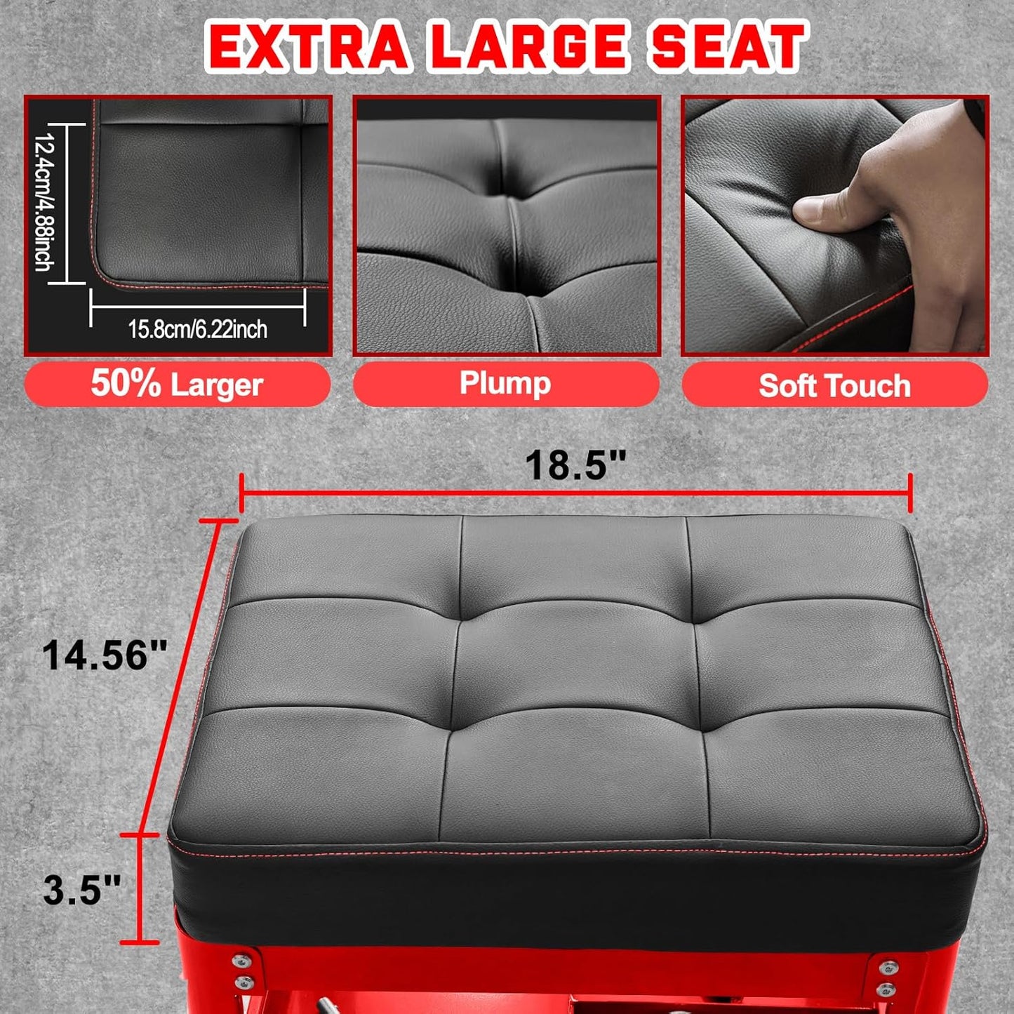 Rolling Mechanic Shop Stool with Wheels, Garage Mechanics Stool with 2 Layer Repair Tools Tray, Padded 360° Swivel Automotive Roller Creeper Seat Shop Chair, Heavy Duty, 330 LBS Capacity, Red