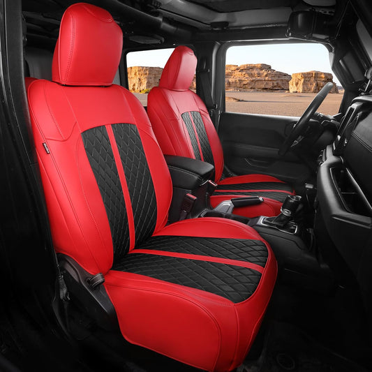 for Jeep Wrangler Seat Covers 4Door JL 2018 2019 2020 2021 2022 2023 2024 2025, Custom Fit Car Seat Cover Full Set, Luxury Waterproof Leather Seat Protectors, Red Black, W/O Rear Cup Holder