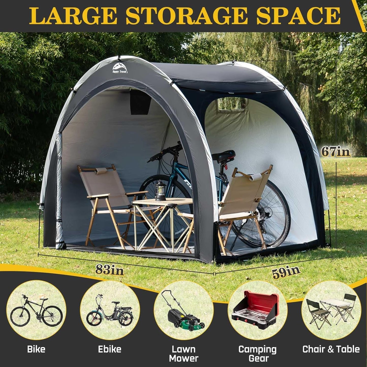 Happy Travel Bike Storage Shed Tent,Outdoor Portable Bicycle Storage Sheds with 210D Oxford Fabric PU4000 Waterproof for 2/3/4/6/8 Bikes,Bike Covers Shelter for Motorcycle,Garden Tools,Toys,Lawn Mower