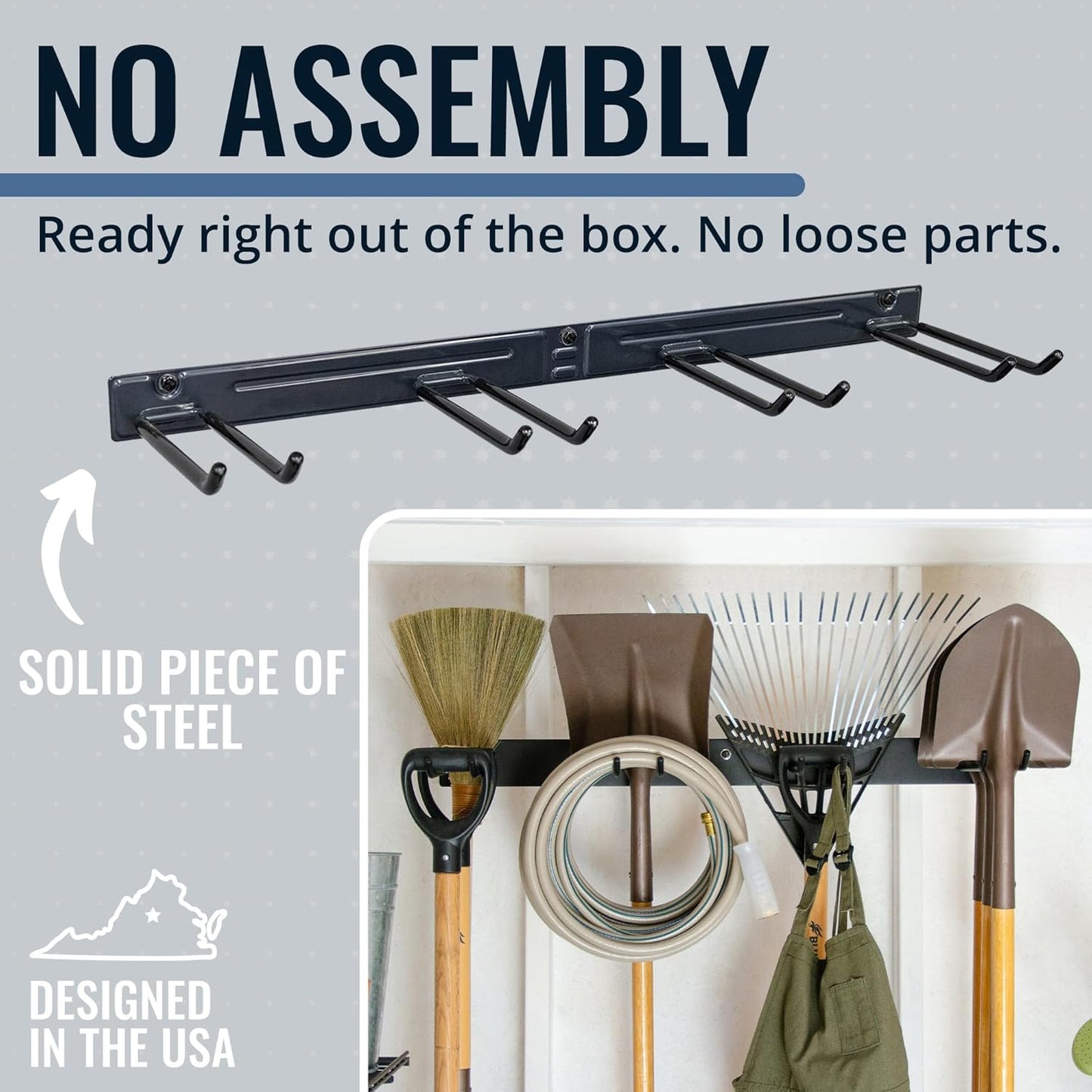 StoreYourBoard Wall-Mounted Rack With 4 Garage Hooks – Heavy-Duty Steel Holder Garage & Garden Storage for Shed, Workshop, or Home Organization – For Rakes, Shovels, Tools & More – 1 Pack, Deep Water