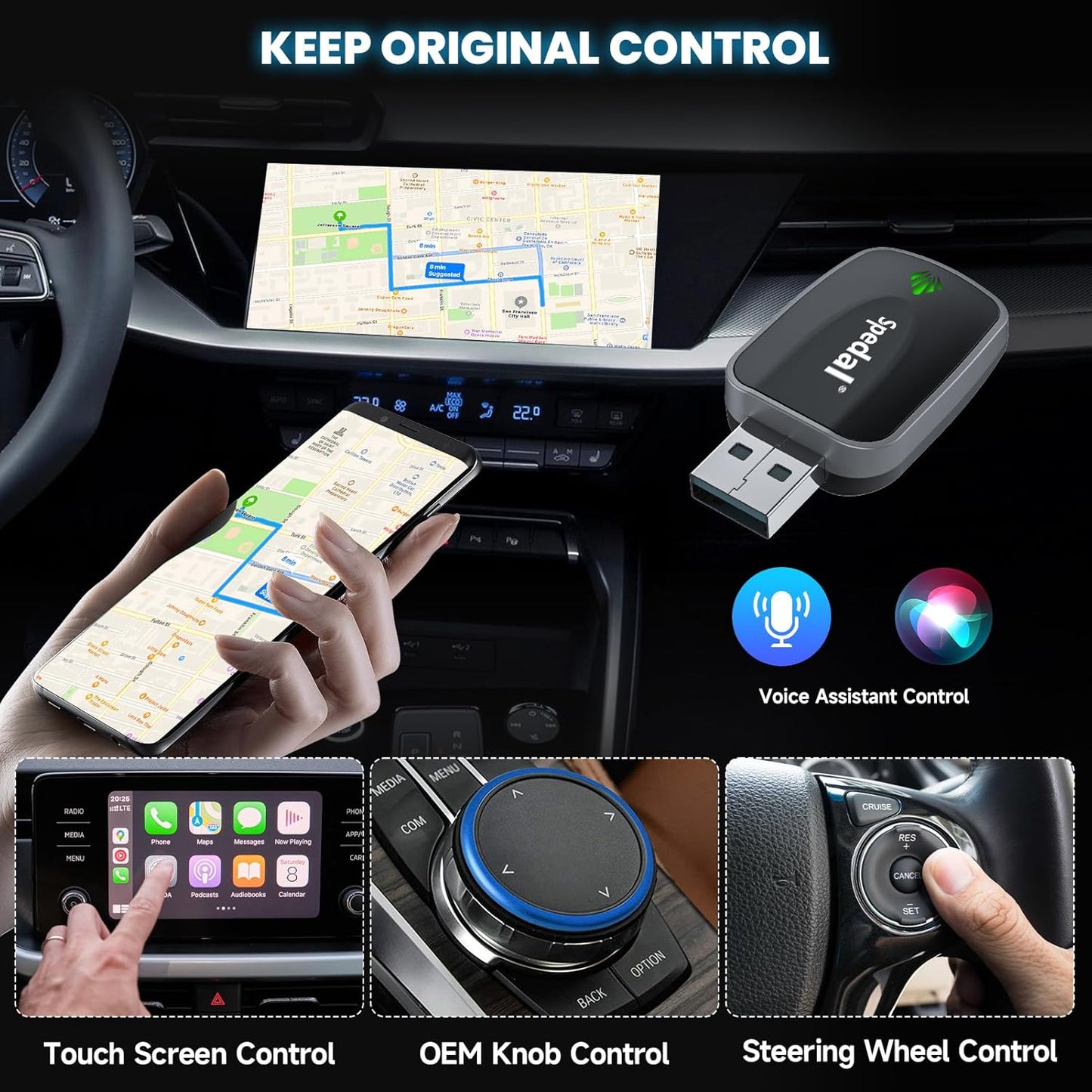 Spedal Wireless CarPlay & Android Auto Adapter, Plug & Play Dongle for iOS 10+/Android 11+, USB-A/C Support (2016+ Cars with Factory Wired Carplay)