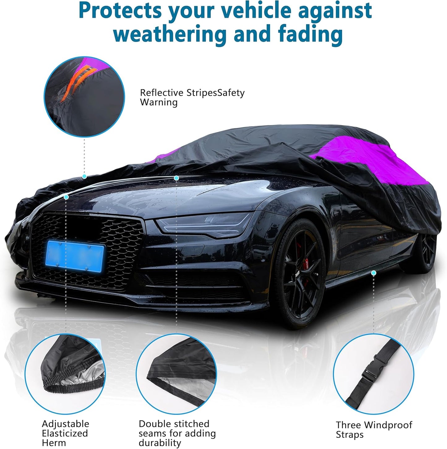 MORNYRAY Waterproof Car Cover All Weather Snowproof UV Protection Windproof Outdoor Full car Cover, Universal Fit for Sedan (Purple, A4-Fit Sedan Length(186-193 inch)