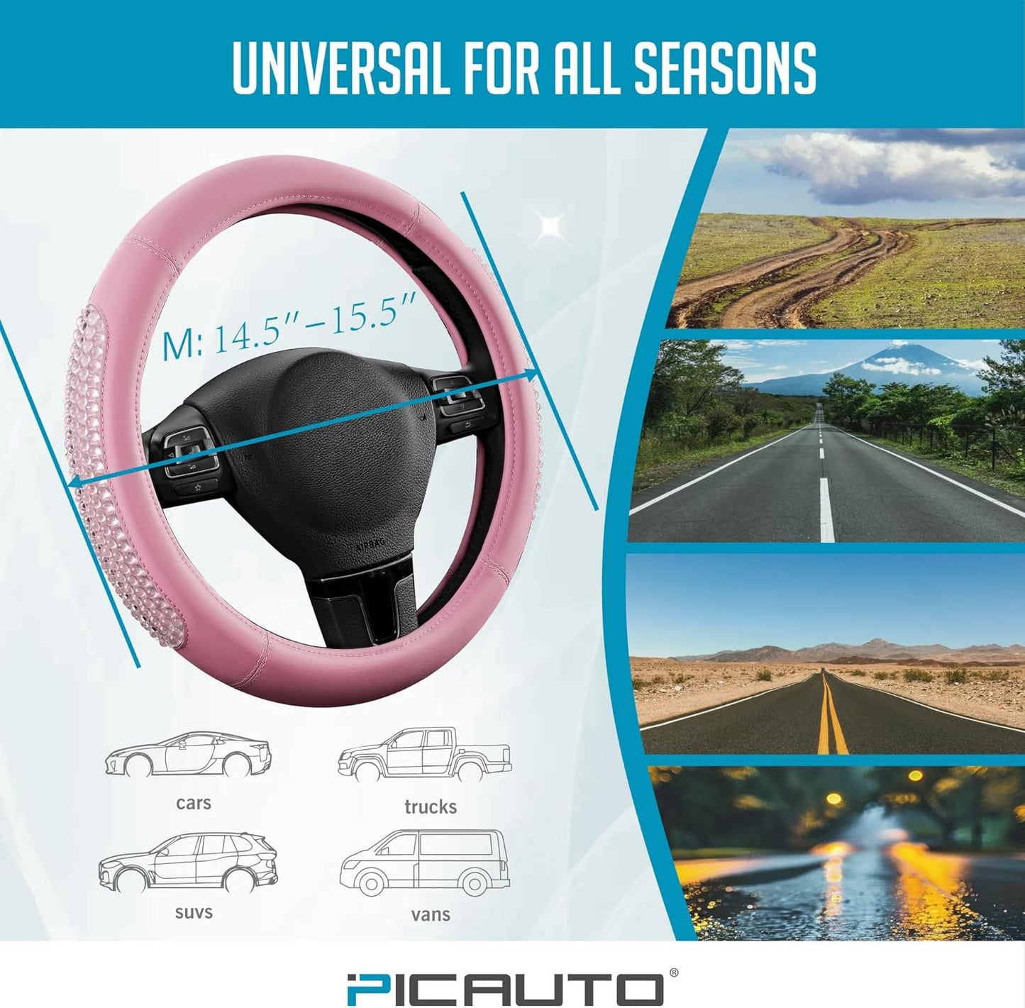 PIC AUTO Gel Particles Steering Wheel Cover, Pink Luxury Leather Car Steering Wheel Protector, Universal Fit 14.5"-15.5" Anti-Slip Car Interior Accessories for Girls & Women