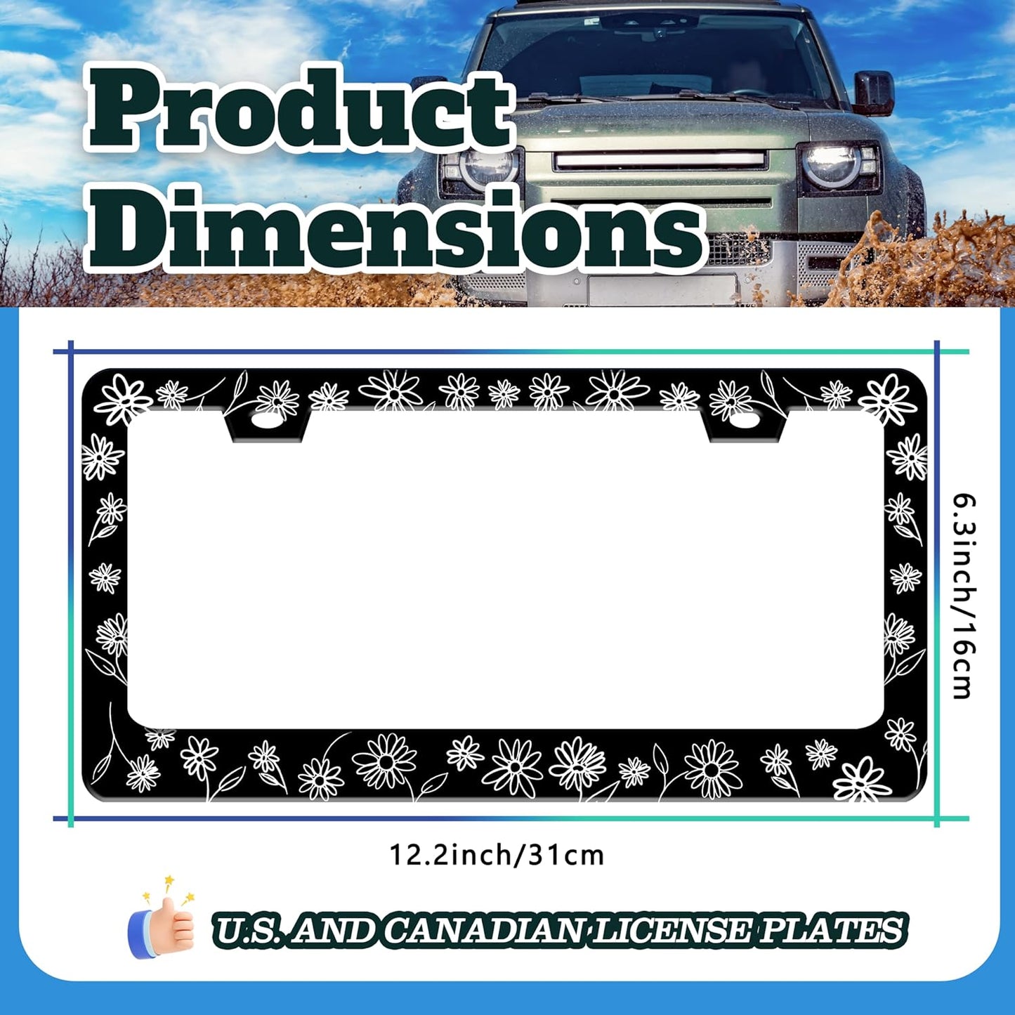 Black and White Daisies License Plate Frame Flower Art License Plate Holder for Front or Rear Car Tags Stainless Steel Funny Car Decoration with Screws 6.3 X 12.2 in
