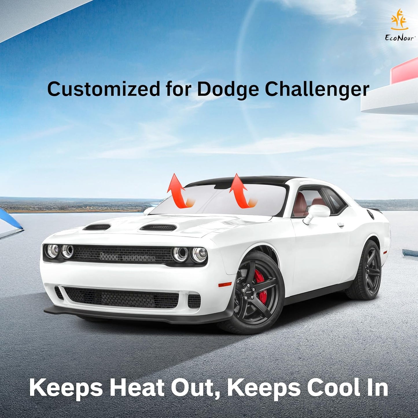 EcoNour Windshield Sun Shade Compatible for Dodge Challenger (2015-2025) | 4-Layer Front Window Shade for Coupe Models | 240T Sunshade Accessories | UV & Heat Blocker for Challenger Windshield
