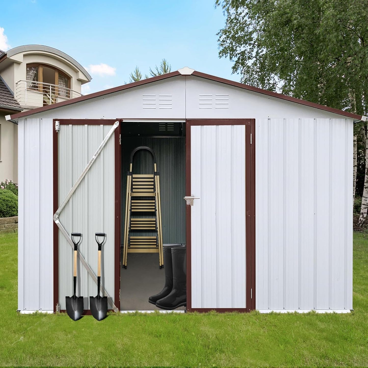 12 x 10 FT Metal Garden Shed, Outdoor Storage Shed with Heavy-Duty Steel Construction, Built-in Punched Vents & Hinged Door, Free Padlock for Secure Backyard, Patio & Garage Storage, White + Coffee