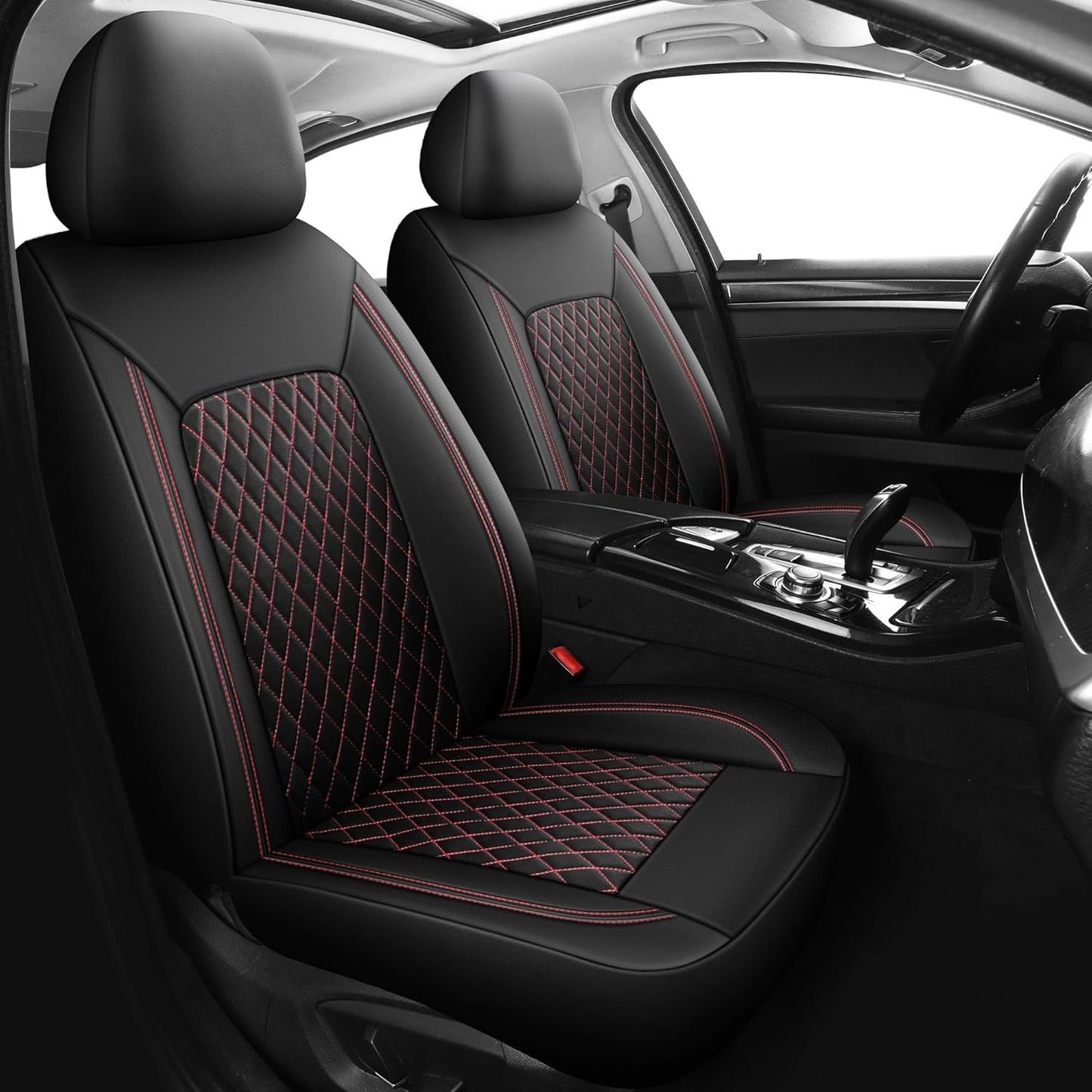 Car Seat Cover,Breathable and Waterproof Leather Seat Covers,Luxury PU Universal Fit Automotive Airbag Compatible for Cars Sedans SUV and Trucks(2 Pieces,Front Seat,Black+Redline,N1)