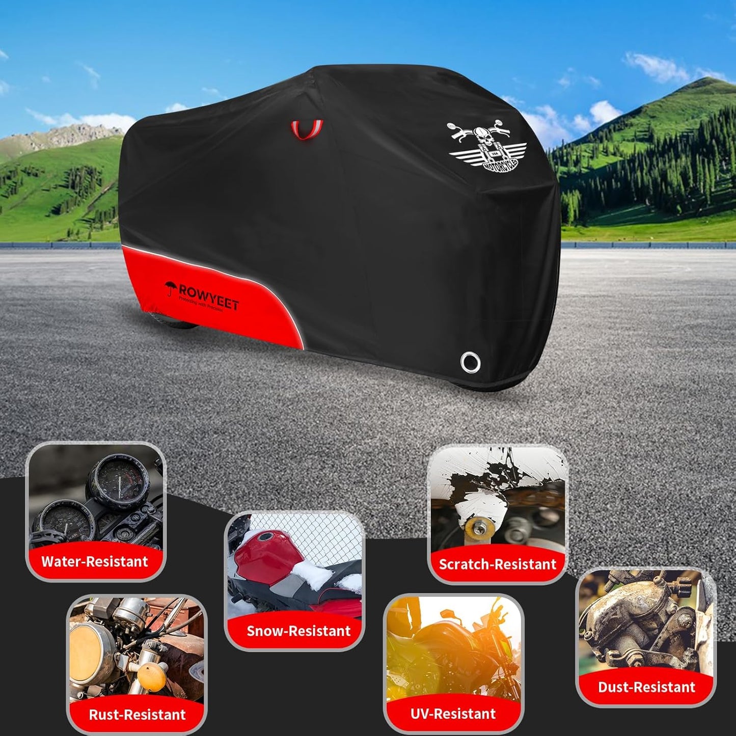 Motorcycle Cover Waterproof Outdoor Storage with Lock-Holes, Storage Bag & Night Reflective Design, Heavy Duty Protection Powersports Vehicle Covers Fits up to 96.5"-116" (420D Red, 116")