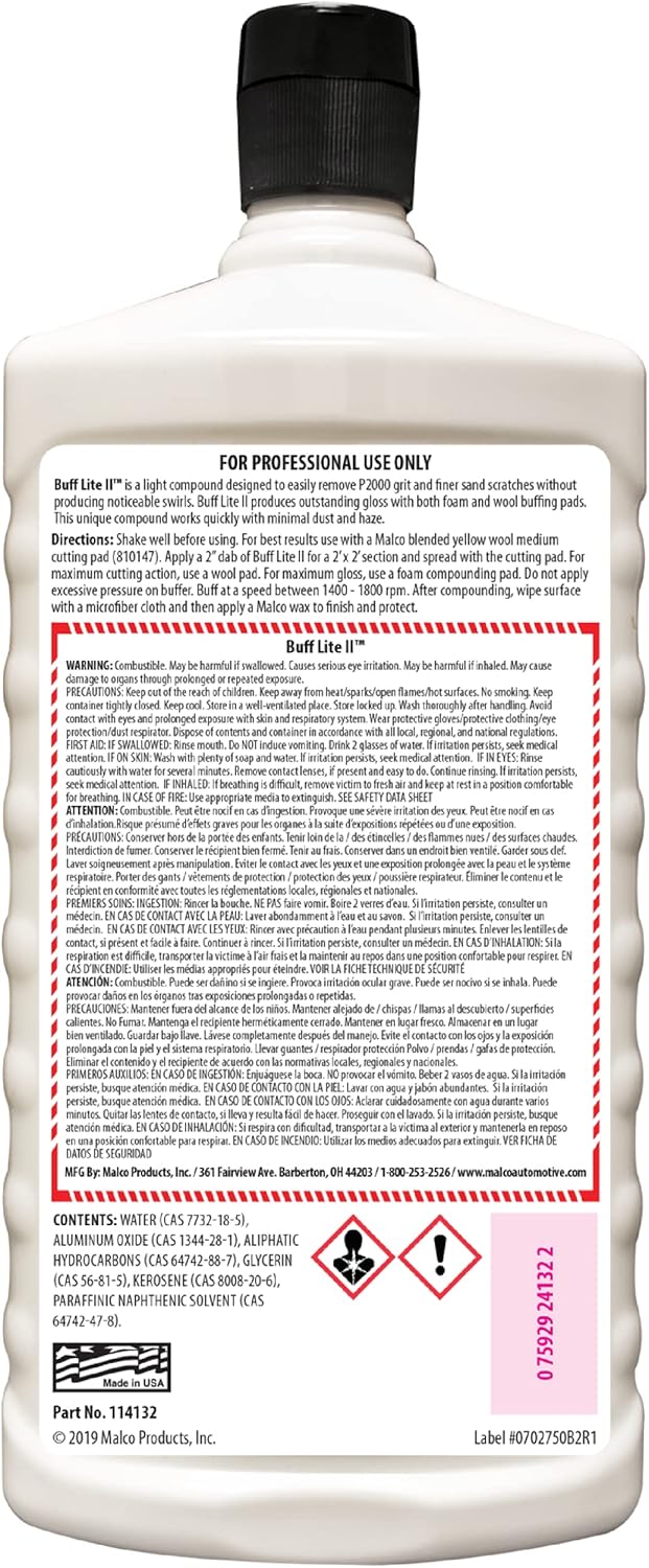 Malco Buff Lite II Finishing Crème – One-Step Professional Cutting, Polishing and Finishing Compound/Removes Brush Marks, Car Wash Scratches, and Snow Brush Scratches / 32 Oz. (114132)