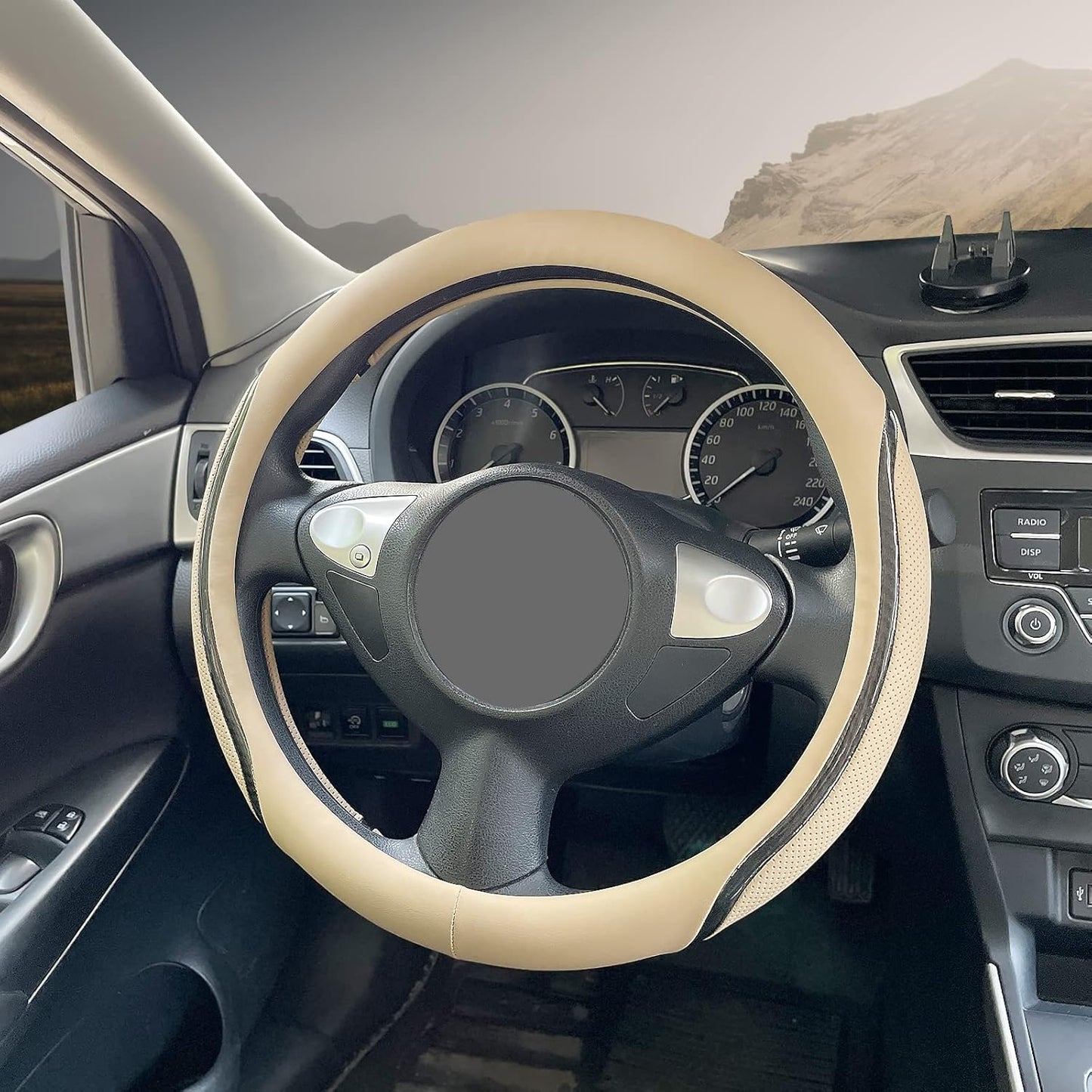 Car Steering Wheel Cover Beige, 14.5-15 inch Steering Wheel Covers with Coasters Microfiber Leather Carbon Fiber Breathable Anti-Slip Durable Universal Auto Steering Wheel Protective