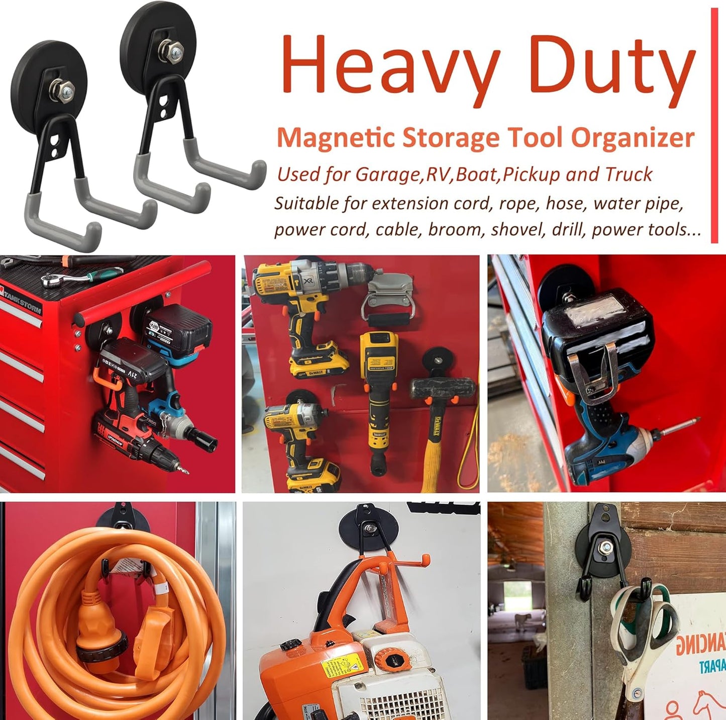 ULIBERMAGNET Heavy Duty Magnetic Hooks,Strong Large Magnet Hooks for Power Drill,Garden Tools, Hose,Pegboard,Garage,Workshop,4 Pack Magnetic Storage Hooks for Indoor Outdoor Hanging(Gray)