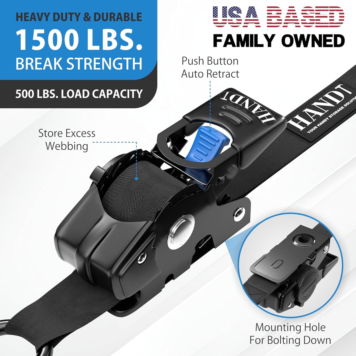 HandT USA Based Retractable Ratchet Straps (2PK) 1in x 6ft - 1,500lb Break Strength, Heavy Duty Automatic Ratchet Straps Self Retractable Tie Down, Push Button Retracting Truck Trailer Cargo | Black