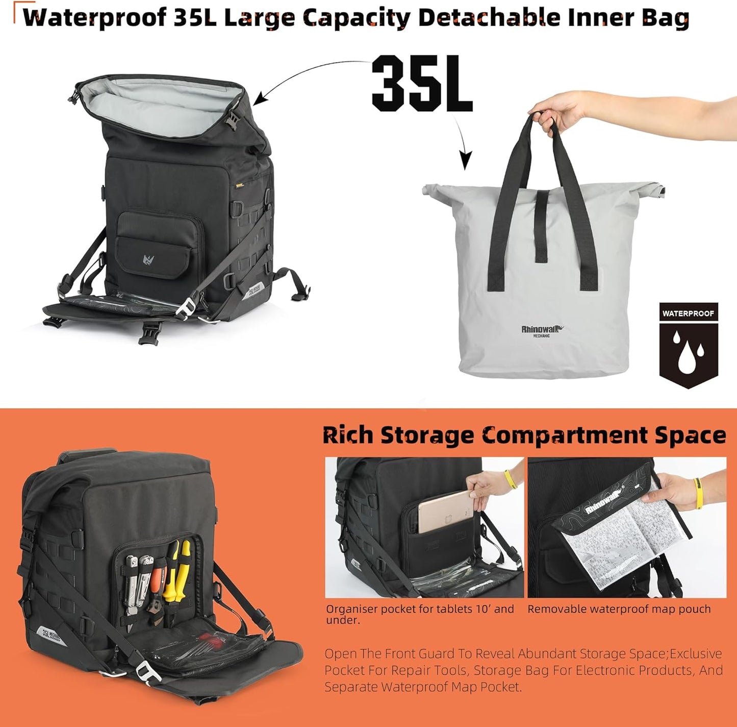 Rhinowalk Motorcycle Saddlebag 35L Waterproof, Quick Release Motorbike Side Bag, Universal Fit Motorcycle Side Bag (1-Piece)