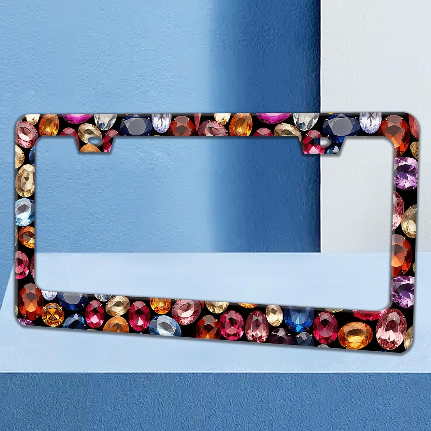 Beautiful Gemstone Pattern License Plate Frame Bling License Plate Holders Funny Stainless Steel Auto Accessory Bracket 2 Hole With Screws Universal Us Car License Plate Frames 6x12 Inch For Women Men