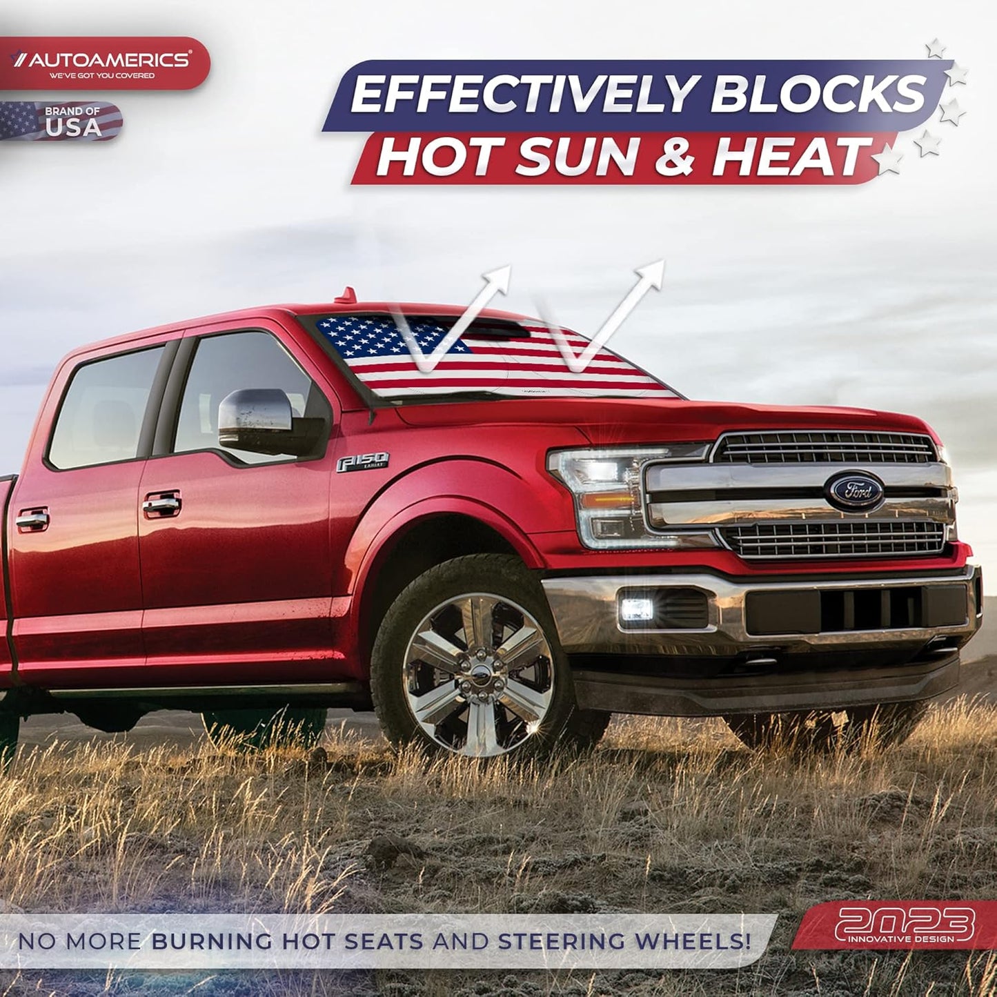 Autoamerics 1-Piece Windshield Sun Shade Original American Flag USA Patriotic Design - Foldable Car Front Window Sunshade for Sedans SUV Truck - Blocks Max UV Rays and Keeps Your Vehicle Cool - Large