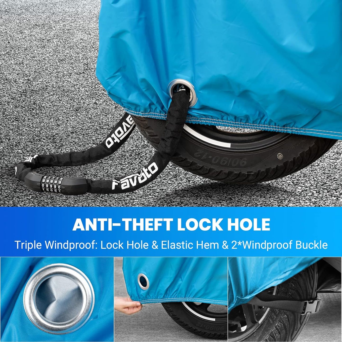 Favoto Motorcycle Cover All Season Universal Weather Quality Waterproof Sun Rain Outdoor Protection Night Reflective with Lock-Holes & Storage Bag Fits up to 86.6" Motorcycles Vehicle Cover