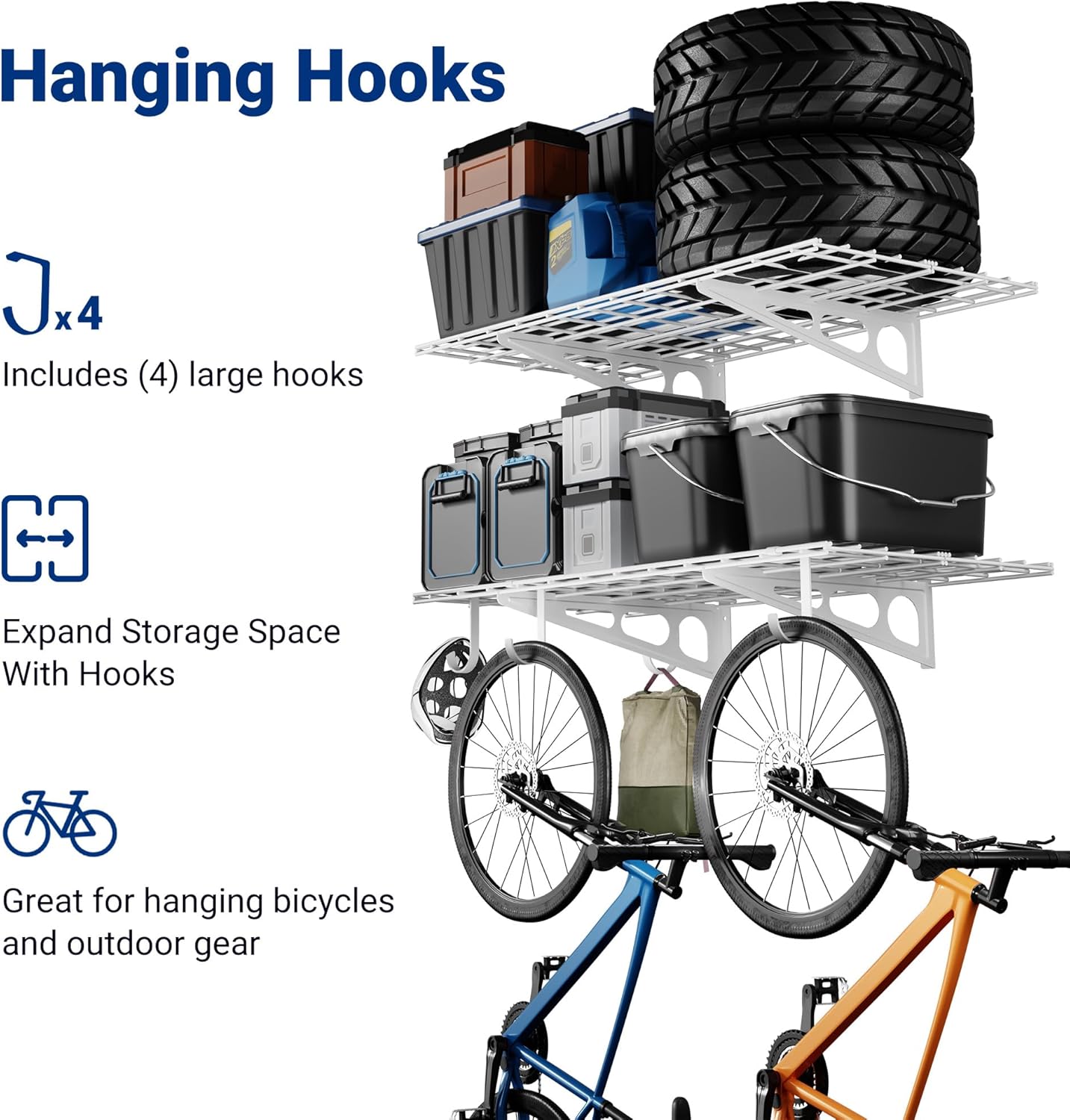 LEXIMOUNTS 2-Pack 2x4ft Garage Shelving with Hooks, 24-inch-by-48-inch Wall Shelf Garage Storage Racks Floating Shelves, White