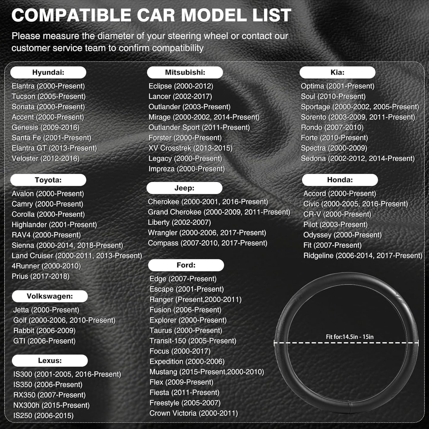 【2025 Model】 Real Cowhide Steering Wheel Cover for Men Women，Gray Genuine Leather Steering Wheel Cover for Cars,Universal 14.5-15 inch Steering Wheels,Grid & Square Motif