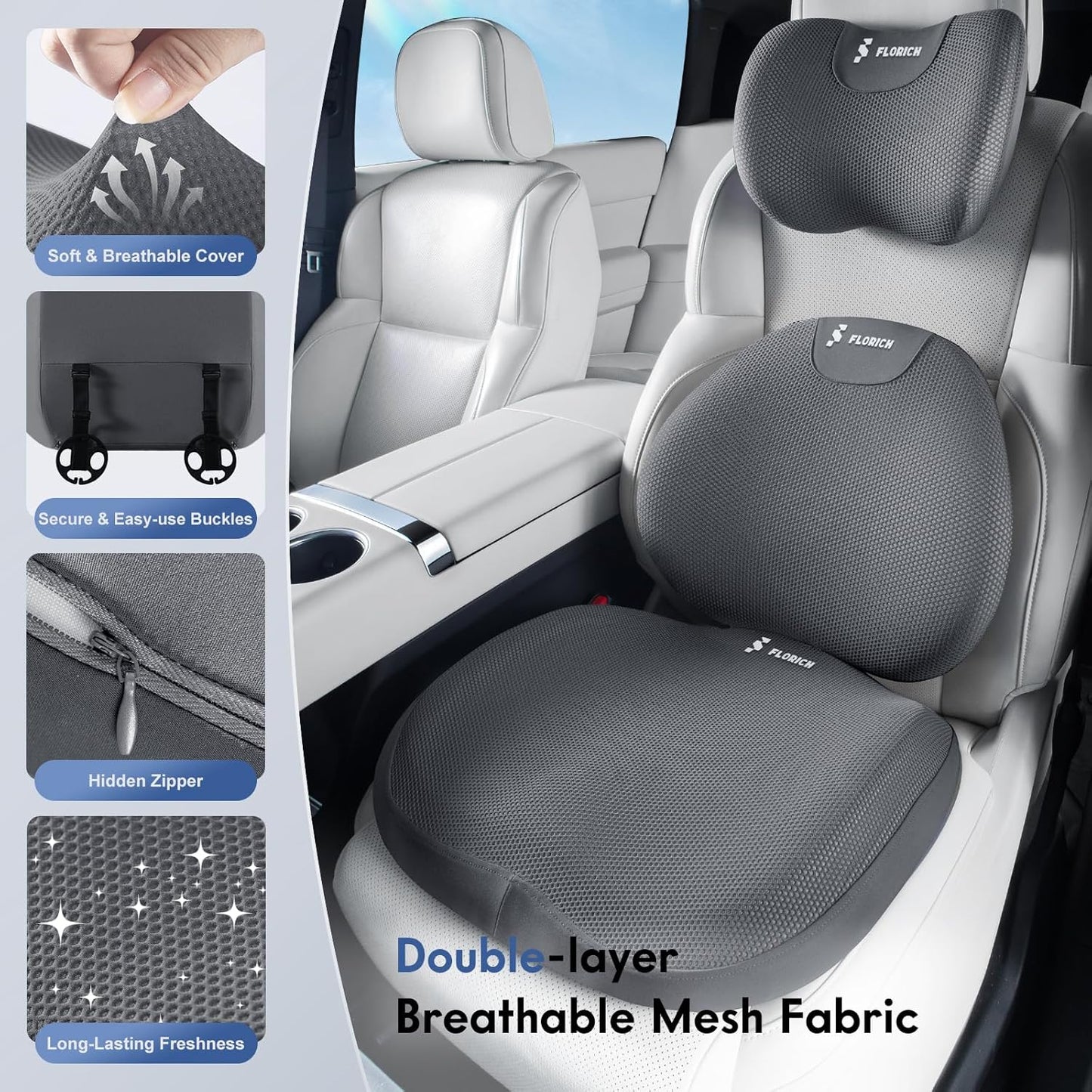 FLORICH Seat Cushion and Lumbar Support Pillow for Office Chair Car, Car Neck Pillow, Ergonomic Memory Foam Back Support for Office Gaming Chair Wheelchair, Relieves Neck, Back & Sciatica Pain – Gray