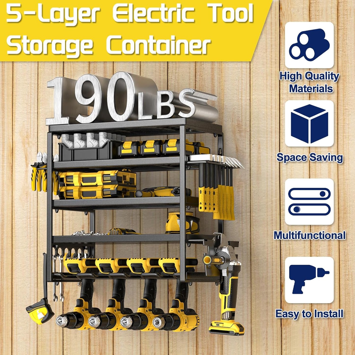 Power Tool Organizer, 5 Layer Drill Holders Wall Mount, Heavy Duty Metal Organizers and Storage Rack for Garage Organization, Tools Shelves with Screwdriver Plier Hammer Holder, Black