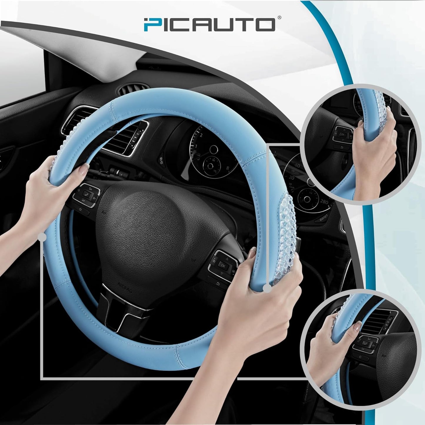 PIC AUTO Gel Particles Steering Wheel Cover, Blue Luxury Leather Car Steering Wheel Protector, Universal Fit 14.5"-15.5" Anti-Slip Car Interior Accessories for Girls & Womenn