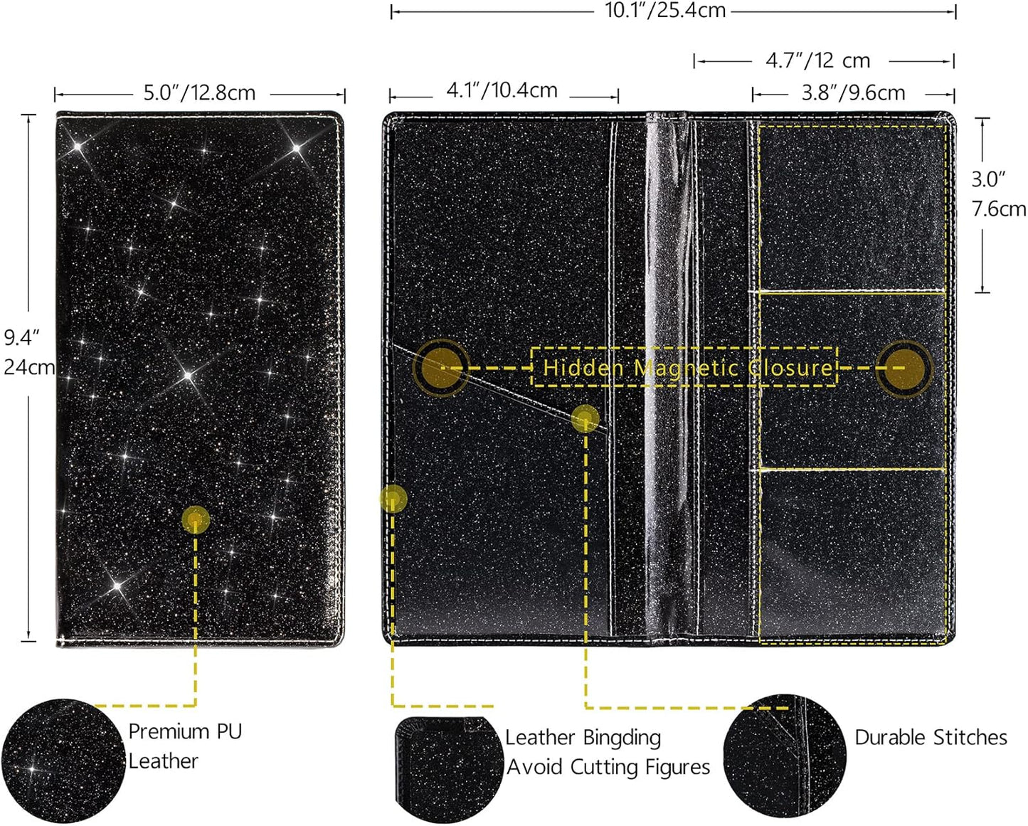 TOURSUIT Car Registration and Insurance Card Holder, Vehicle License Document Glove Box Compartment Organizer, Interior Car Accessories for Women Men Teens (Glitter Black)