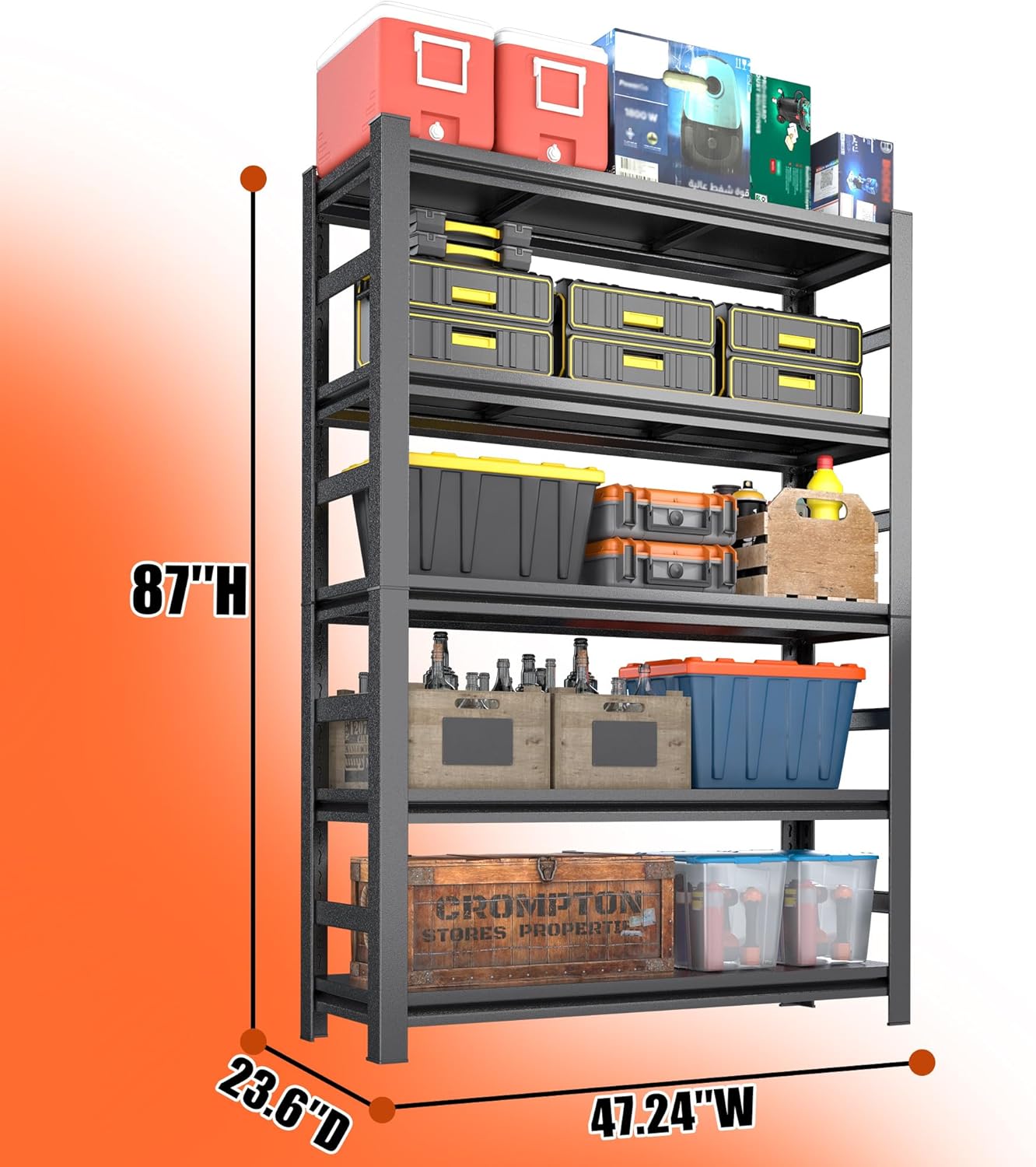 87"H Garage Shelving Heavy Duty Rack, 4500 LBS Ultra Large Capacity 5 Tier Adjustable Storage Shelves, Metal Industrial Shelf Units for Garage, Basement and Warehouse, 87"H×47.24"W×23.6"D, Black