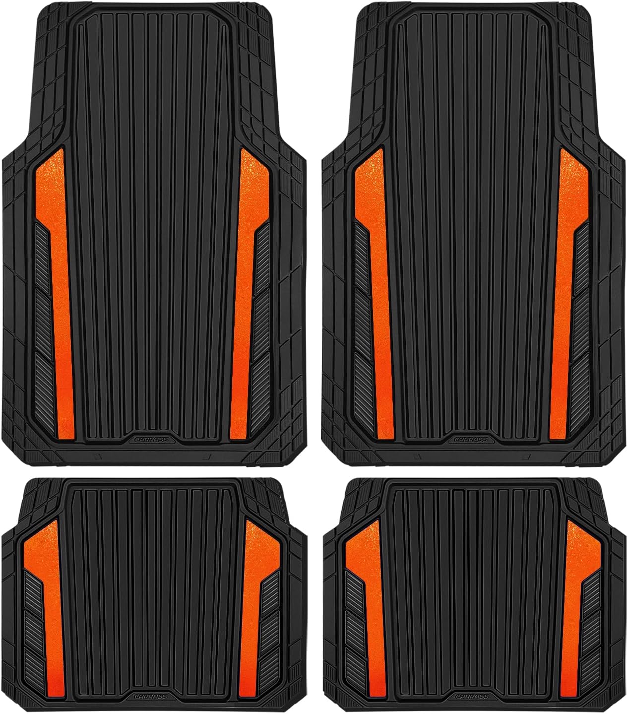 CAR PASS Heavy Duty Rubber Car Mats Metallic, Aluminum Film All Weather Floor Mats Waterproof Universal Trim to Fit SUVs Sedans Vans 4 Piece Anodized Deep Dish Two-Tone Sporty Black Orange Chrome