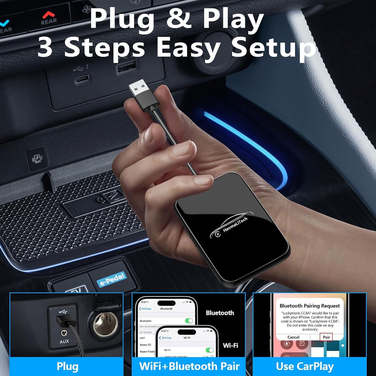 Wireless CarPlay Adapter for Apple iPhone | Mini USB Design for Convert Wired to Wireless Car Play Adapter - No Latency from iOS 10+ to Screen w/USB C (Black)