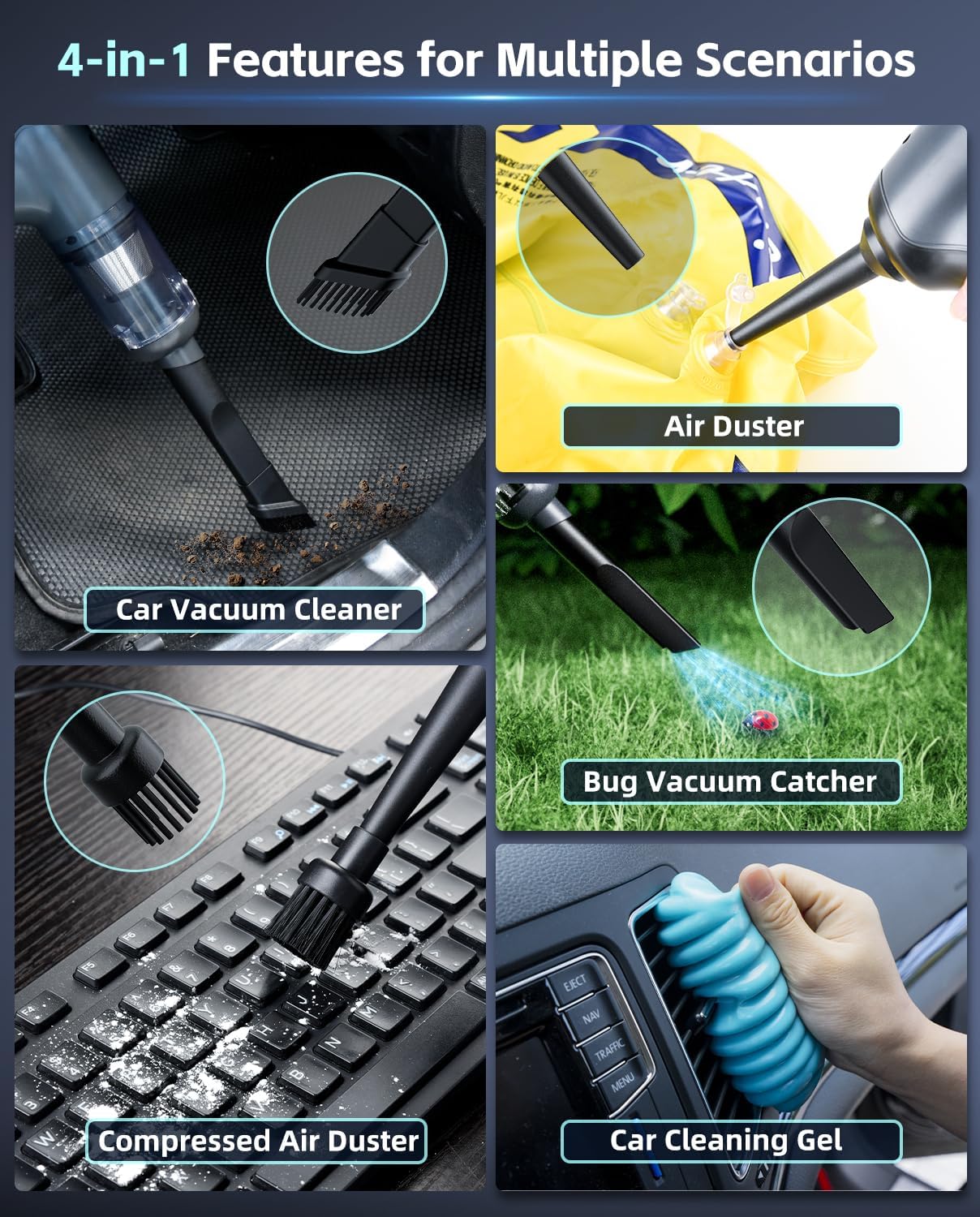 Car Vacuum Cleaner,80W/16Kpa/20Mins,Lightweight Mini High Power Pet Portable Handheld Cordless Vacuum Pro, Rechargeable Small Extractor Vacuum Detailing with Cleaning Gel for Car, Home and Office