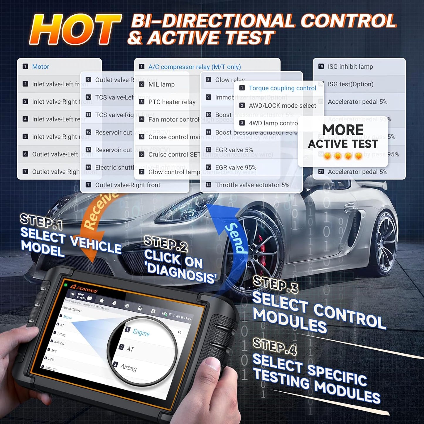 FOXWELL NT809BT Bidirectional Scan Tool, OBD2 Scanner Diagnostic Tool with 30 Maintenances, All System Code Reader for Cars and Trucks, Wireless Automotive Diagnostic Tools, FCA Support, 3-Year Update