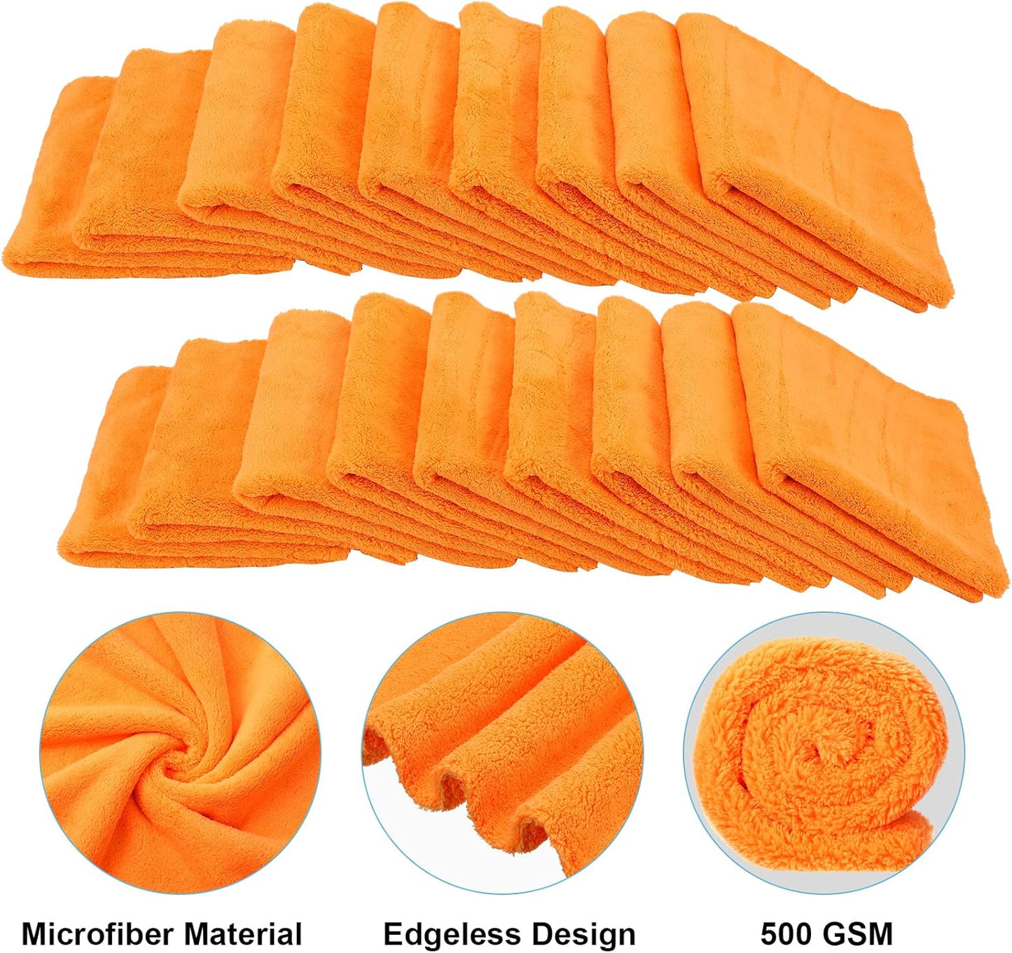 Shimeyao 30 Pcs Edgeless Microfiber Plush Towels for Cars Detailing Drying Wash Polishing Absorbent Cleaning Cloths, 500 GSM, 16 x 16 Inch(Orange)