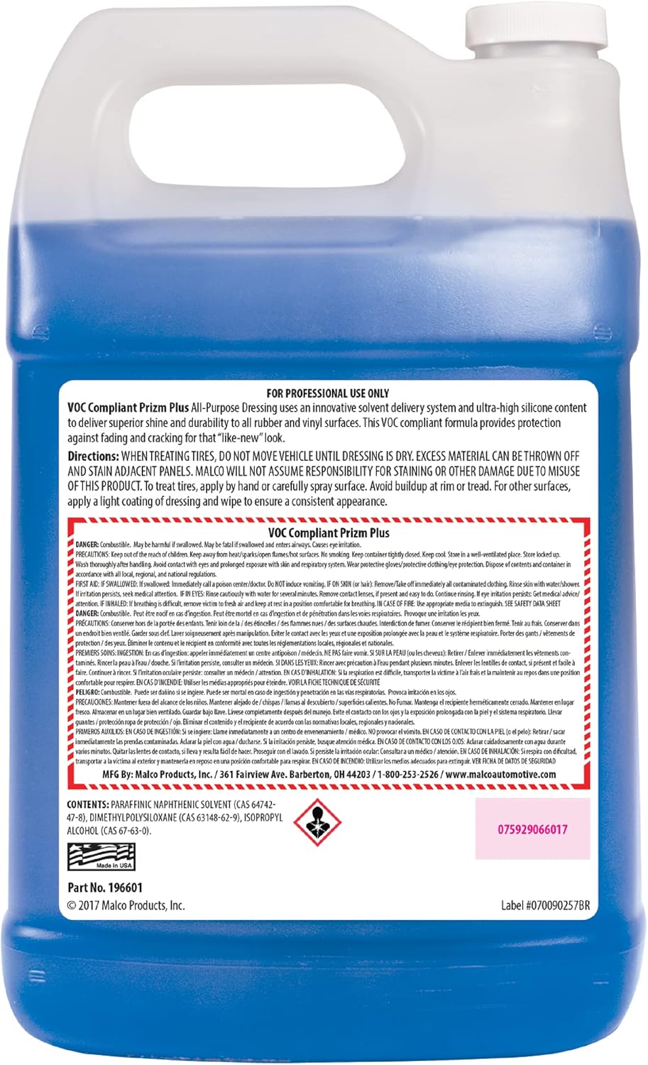 Malco Prizm Plus All-Purpose Dressing – Ultra High Silicone Formula Gives Superior Shine and Durability to Interior Rubber and Vinyl Surfaces/Protects Against Fading and Cracking/1 Gallon (196601)