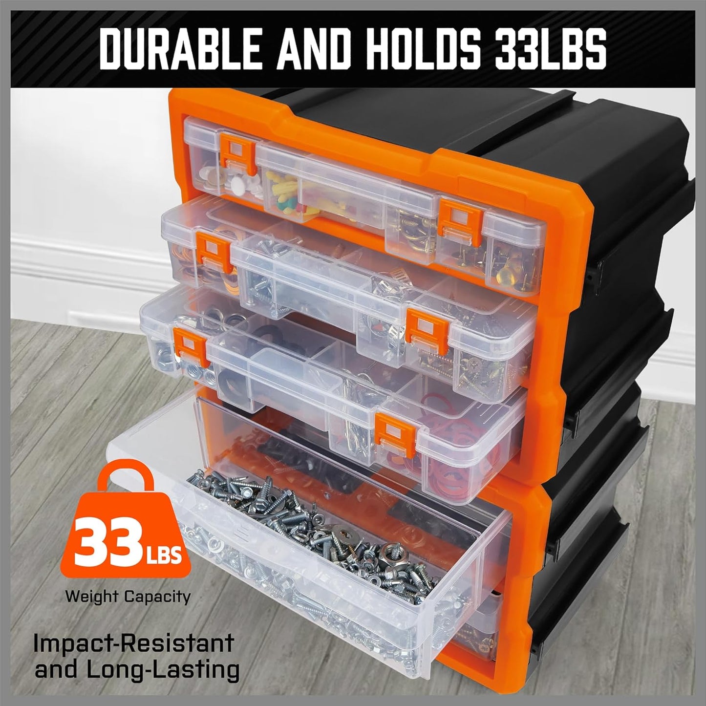 HORUSDY 38-Drawer Durable Screw Organizer, Small Parts Organizer for Hardware, Tools, Screws, Heavy-Duty Wall Cabinet Storage of Beads, Crafts (3 Large Drawers with Dividers for 36 Compartments)