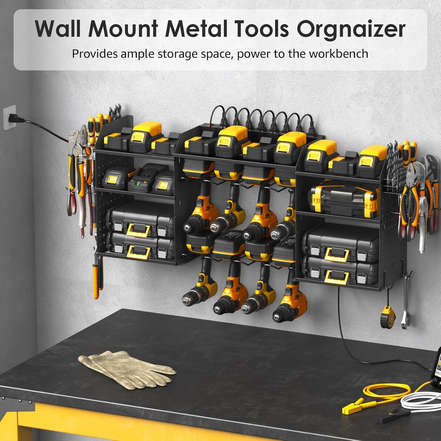 CCCEI Black Large Tools Organizer Wall Mount Charging Station, 39 Inch Long Power Tool Battery Storage Rack with 10FT Power Strip. 8 Drill Holder, Garage Utility Shelves. Pegboard Hanging Extension.