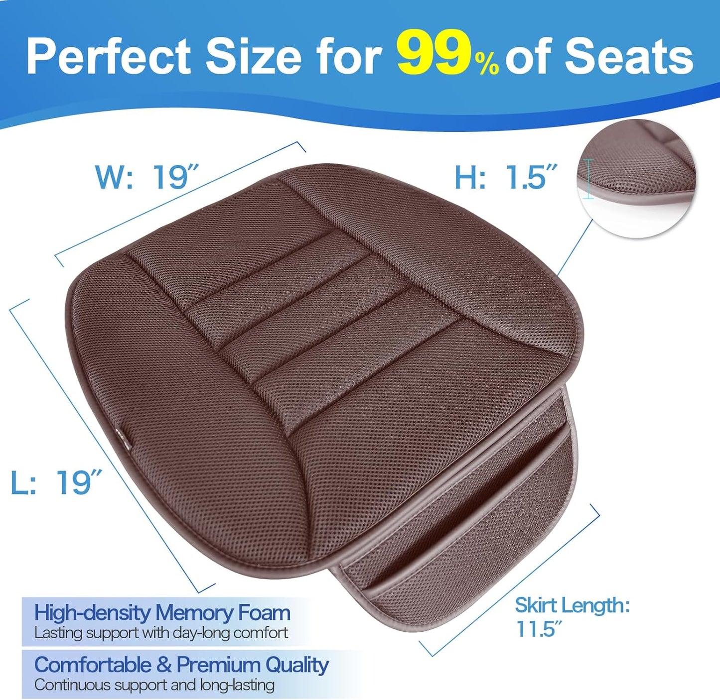 Premium Car Seat Cushion, Driver Cushion with Comfort Memory Foam & Non-Slip Rubber Bottom, Car Seat Pad Works with 95% of Vehicles and Office Chair or Home - 4D Brown