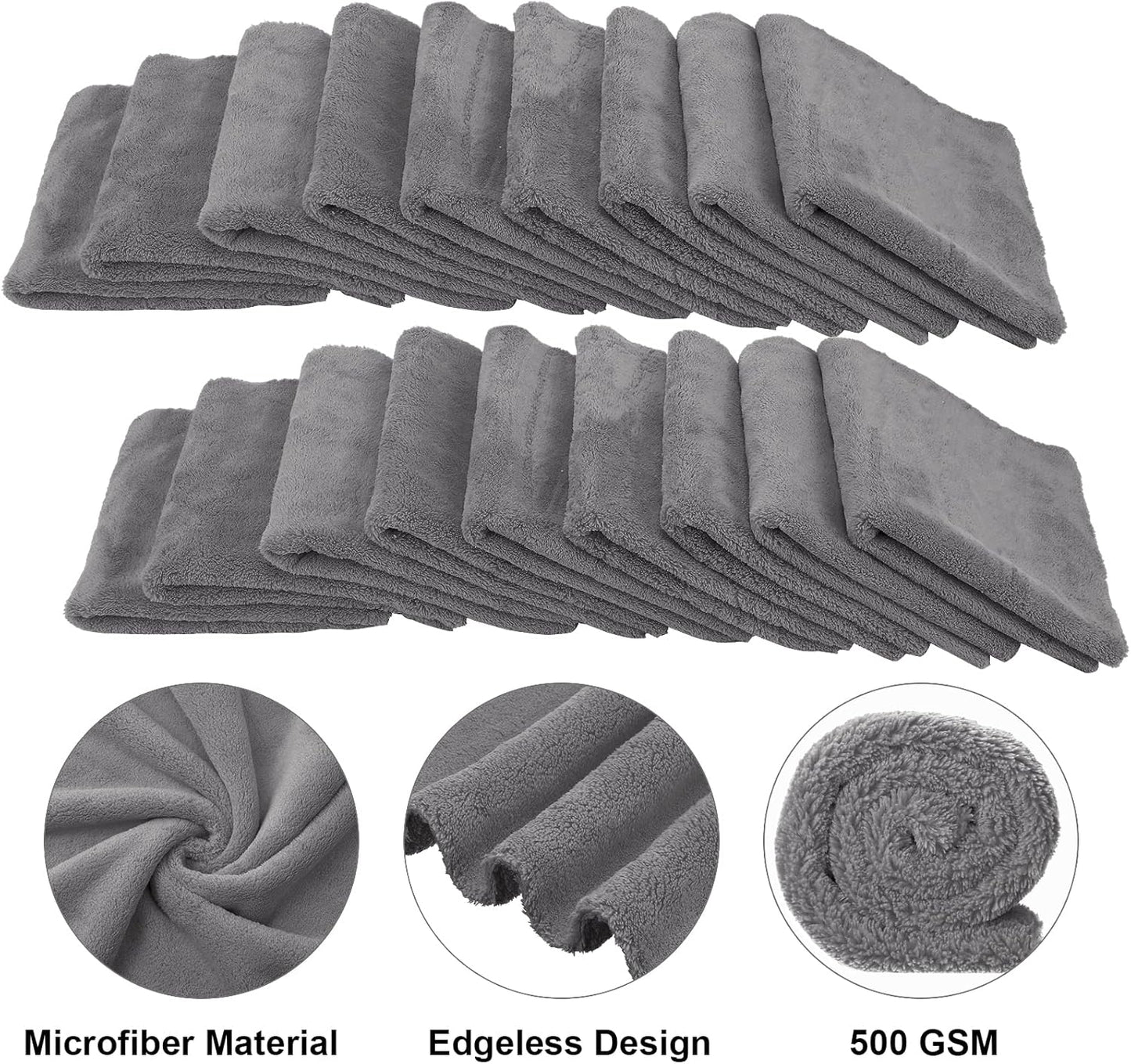 Shimeyao 30 Pcs Edgeless Microfiber Plush Towels for Cars Detailing Drying Wash Polishing Absorbent Cleaning Cloths, 500 GSM, 16 x 16 Inch(Gray)