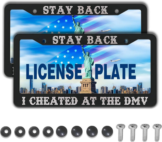 License Plate Frames Black and White License Plate Frame Holder Stay Back I Cheated at The DMV Universal Aluminum Car Accessory 2 Pack with Screw Covers Set
