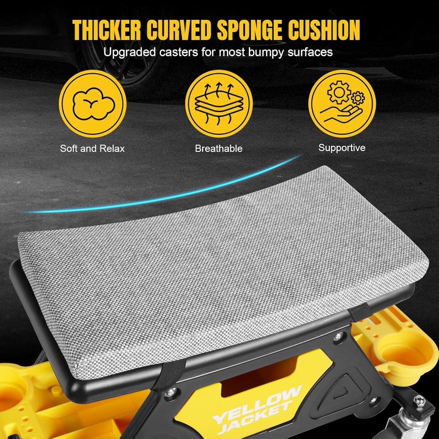 YELLOW JACKET Mechanic Stool with Wheels Rolling Stool Chair 300 lbs Capacity,Garage Mechanics Seat with Two Tool Tray and A Drawer Workshop Creeper Seat for Auto Repair Work