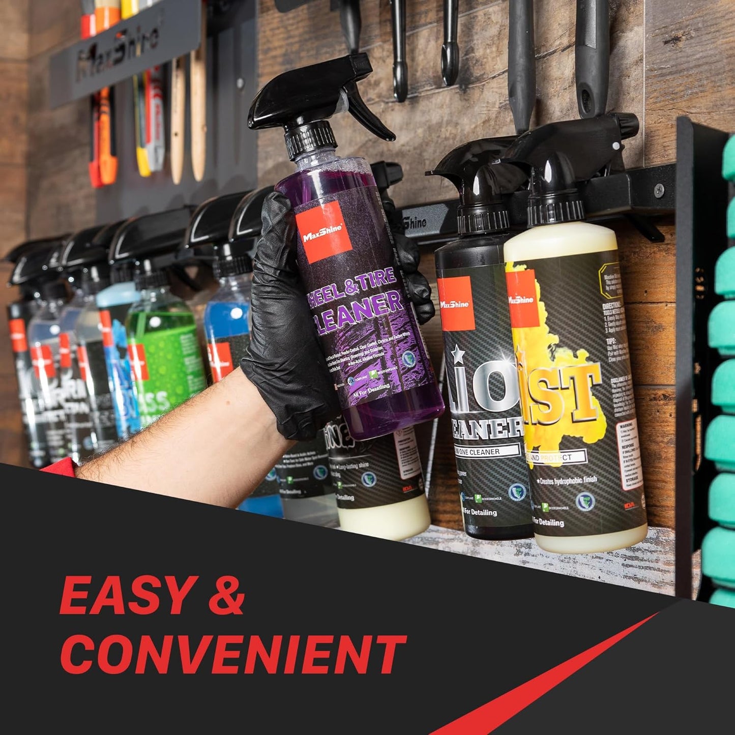 Maxshine Universal Detailing Spray Bottle Holder - Wall-Mounted Organizer for Mobile & Garage Detailing, Holds 6 Sprayers (16oz), Universal Lightweight Professional Accessory (2)