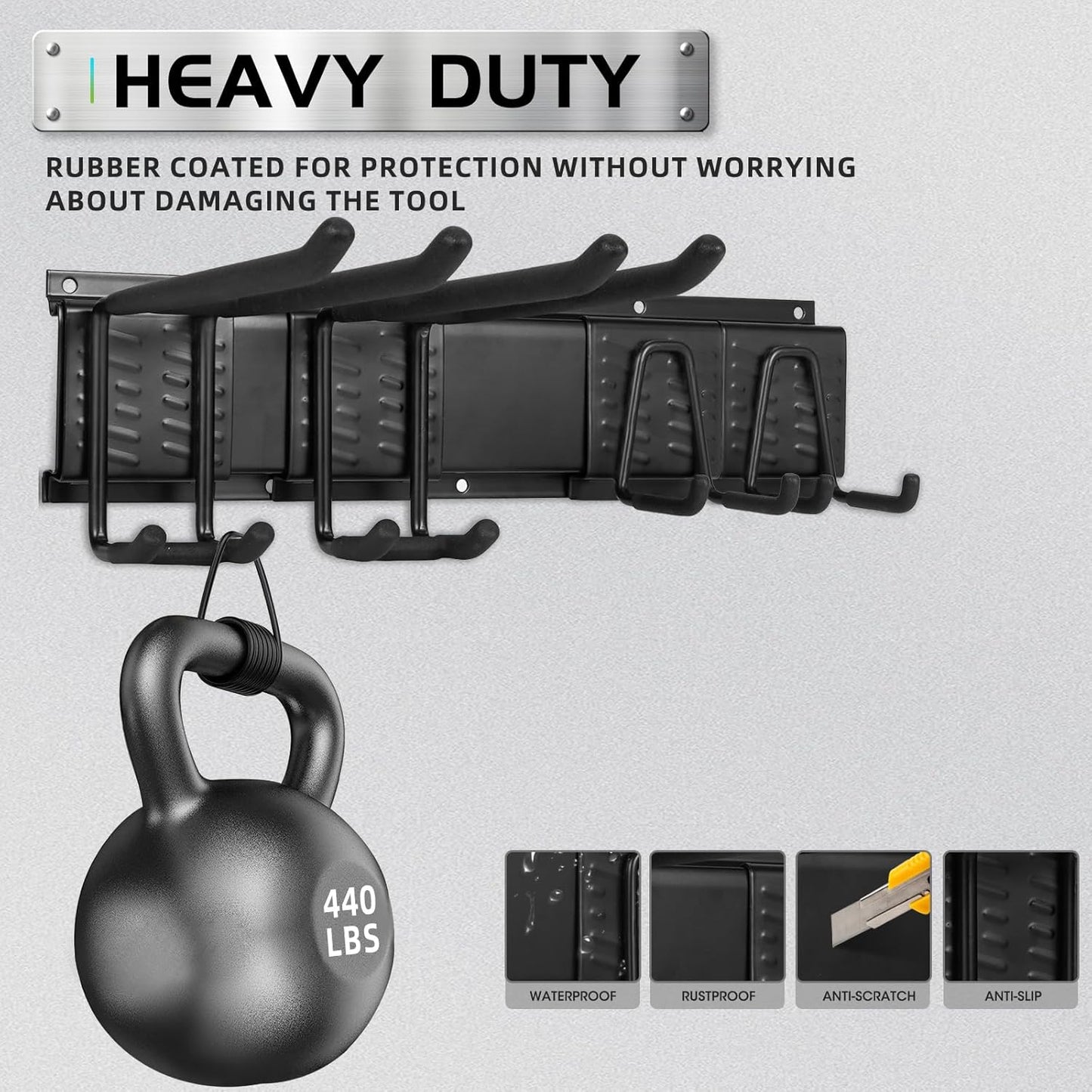 Garage Organization Garage Wall Organizer-Garage Tool Organizer Wall Mount 48in with Adjustable Metal Hooks,Max 440Lbs Yard Tool Organizer,Garden Tool Storage for Shovels Broom Folding Chair,Black