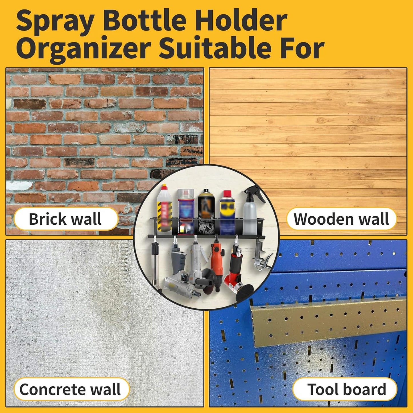 4 Pack Aerosol Spray Can Holder Rack, Wall Mounted Spray Bottle Holder Heavy Duty Steel Air Tool Organizer 5 Cans Spray Paint Can Storage with 24 Slots for Garages Workspace or Tool Trailer, Black