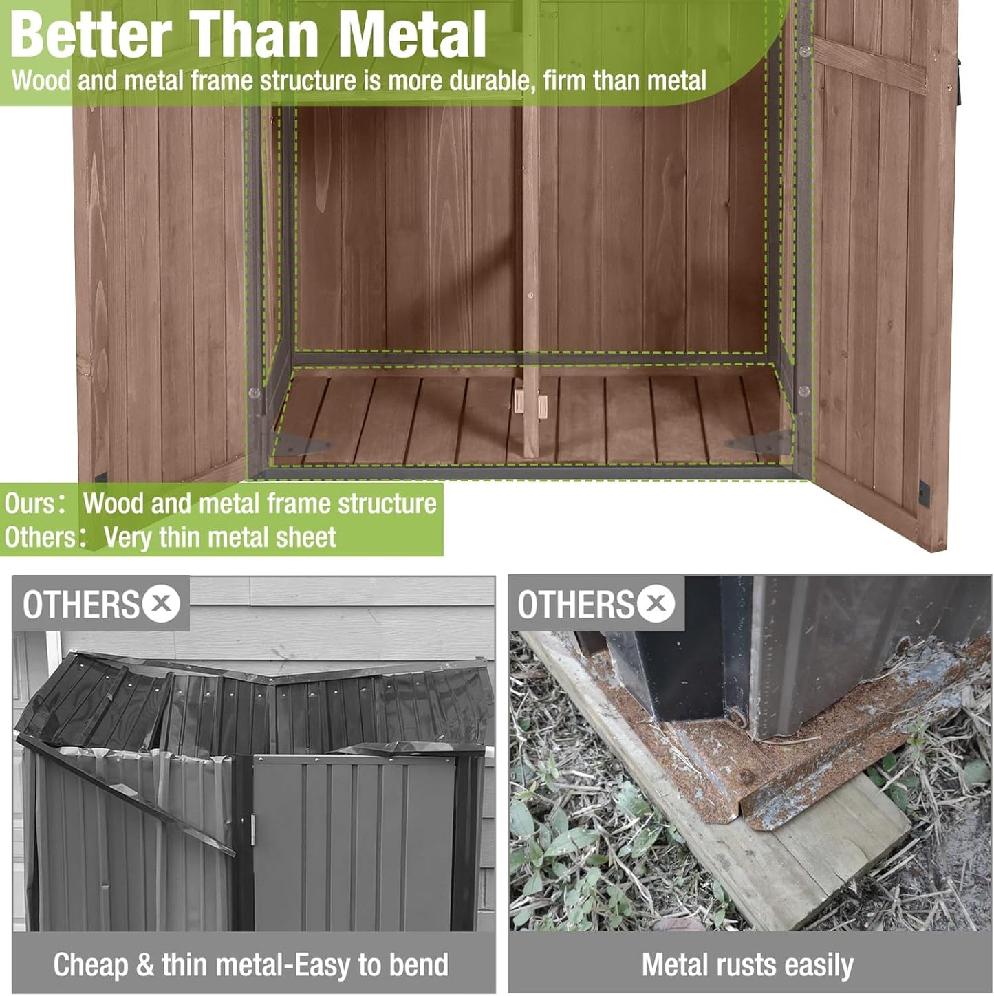 GUTINNEEN Sheds Outdoor Storage Wooden Garden Tool Shed with Metal Frame Sloped Roof and Adjustable 3 Tiers Shelves Outdoor Storage Cabinet for Backyard Garden Patio Lawn 67.1"(Dark Brown)