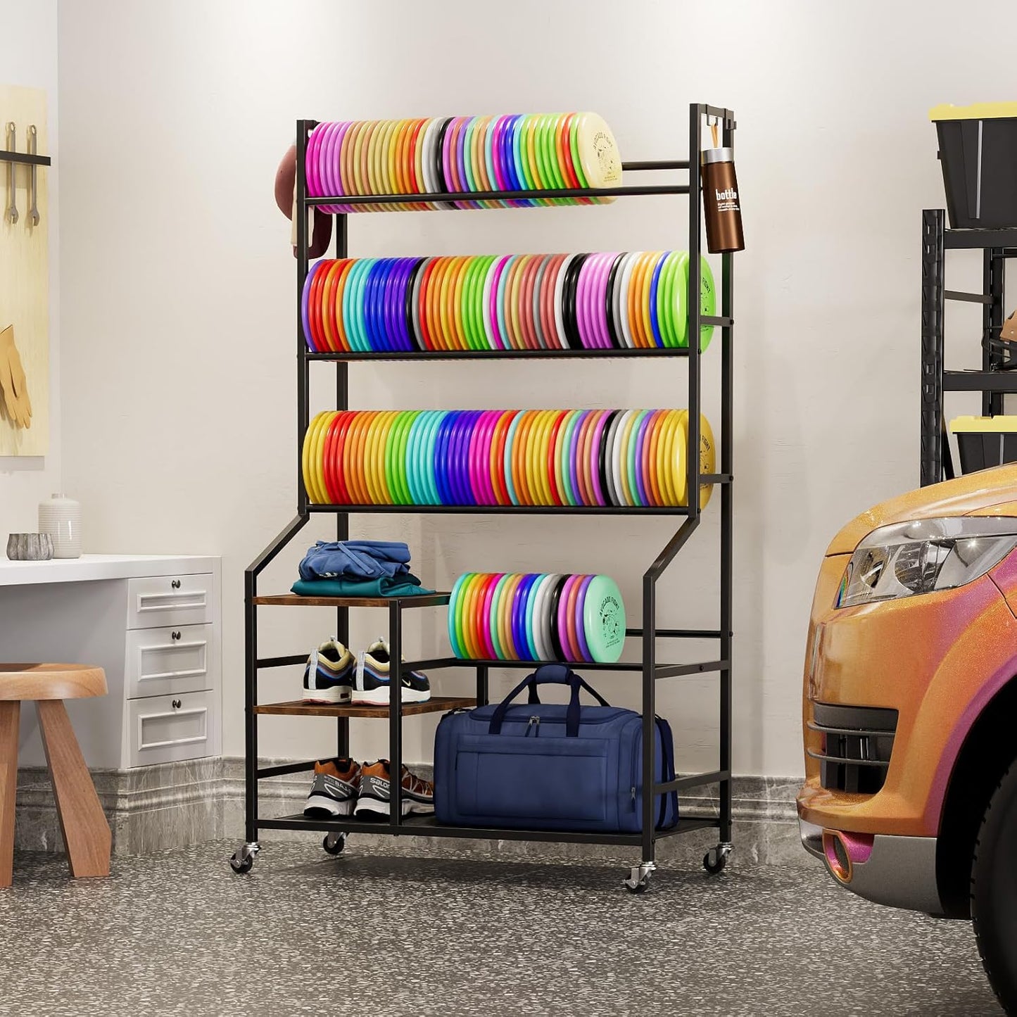 Portin 5 Tier Disc Golf Storage Rack, Disc Station Organizer with Hooks and wheels, Disc Golf Shelf for Storing Sports Equipment Accessories, Disc Golf Bag Basket Organizers for Home Garage Basement