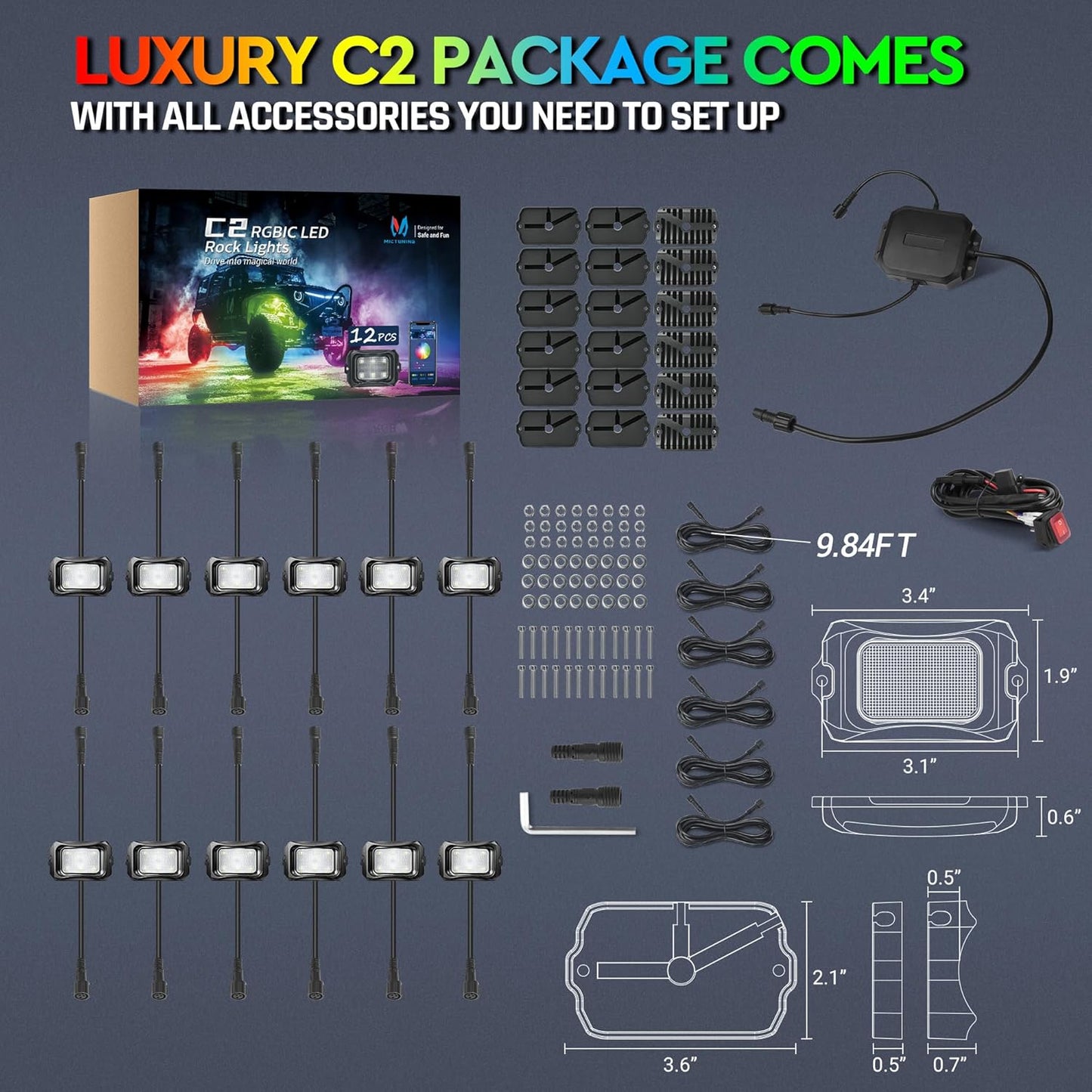 MICTUNING C2 Max RGB+IC Chasing Color LED Rock Lights - 12 Pods Underglow Lighting Kit, Dynamic Lighting Modes, Extensible Up to 24 Pods with Stable APP Control, IP68 Waterproof, DIY Effect