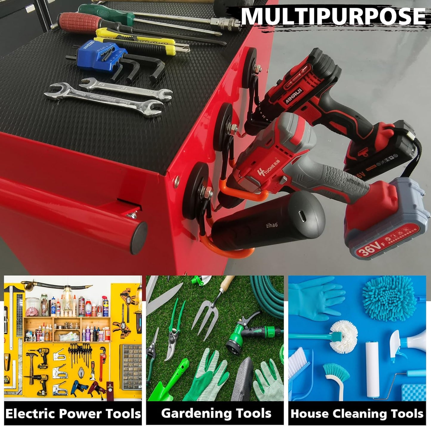 ULIBERMAGNET Garage Magnetic Hooks, 4 Pack Black Heavy Duty Large J Hooks with Magnet, Black Strong Anti-Slip Coating Magnet Hooks for Garden Tools, Ropes,Drill,Metal Cabinet,Pegboard