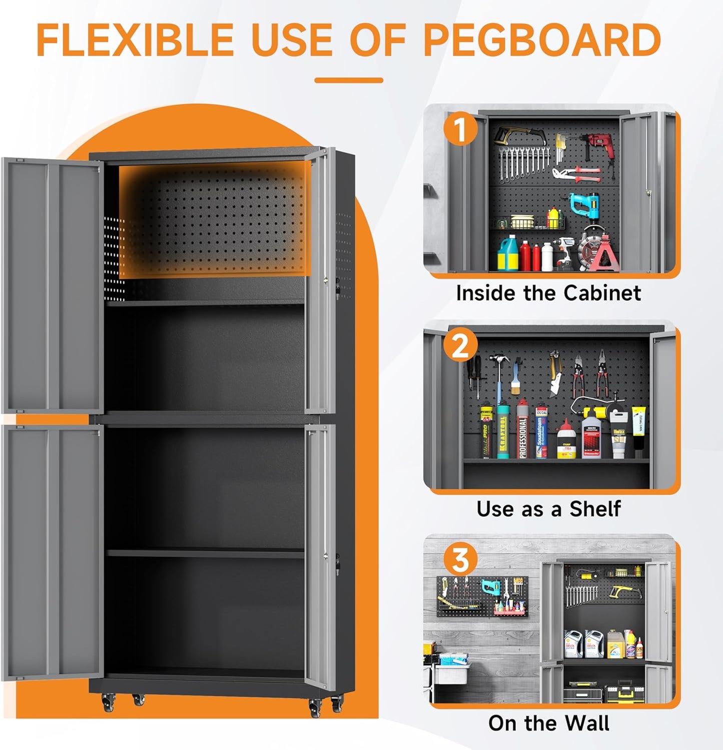 71" H Metal Tool Storage Cabinet with Lock and Wheels, Heavy Duty Garage Cabinet with 4 Doors and 2 Adjustable Shelves, Tool Organizer with Pegboard for Garage, Warehouse (Black&Gray, 71" H)