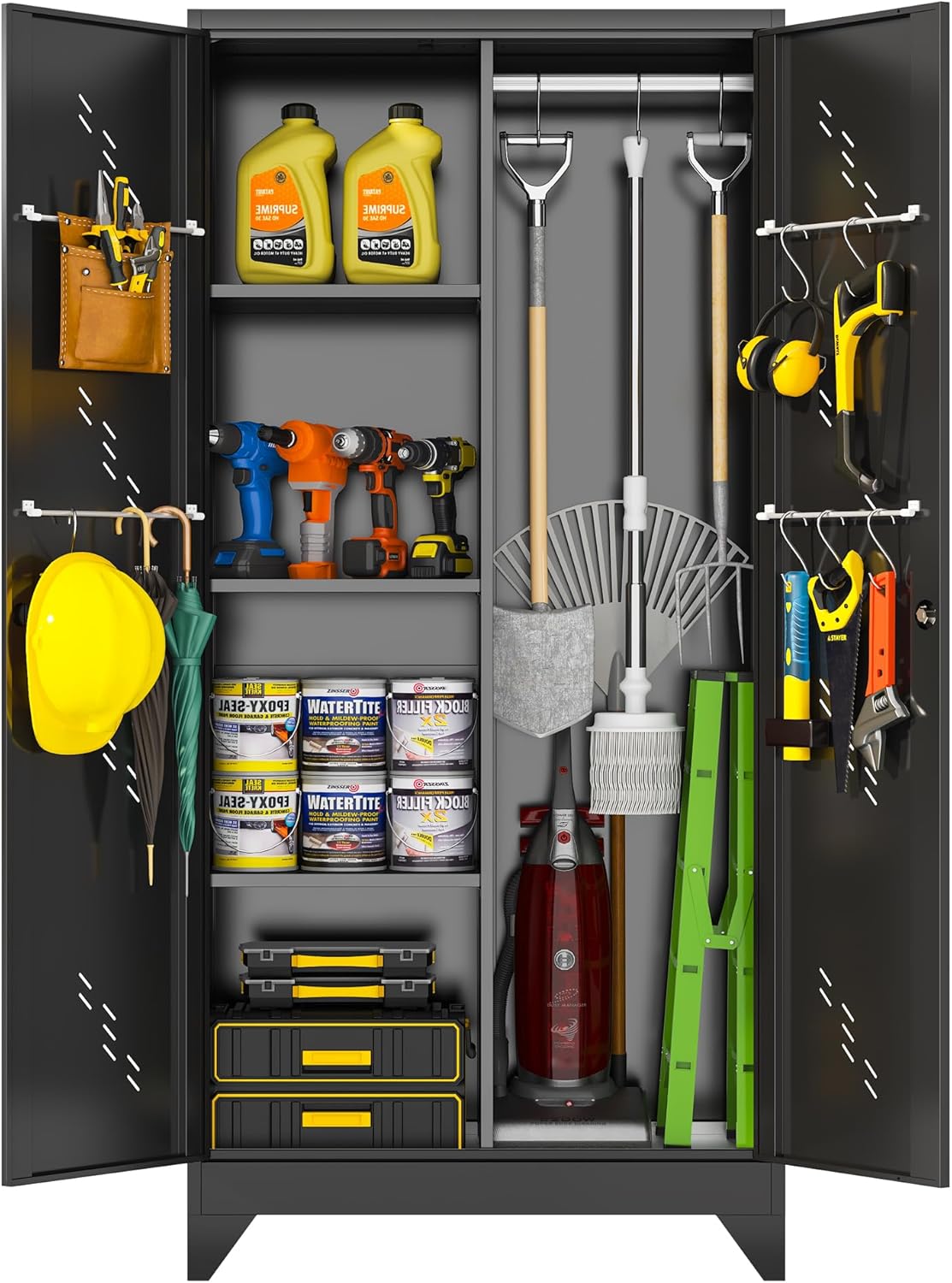 Metal Garage Storage Cabinet, Kitchen Pantry with Doors and Shelves, Broom Organizer Storage Tool Racks,Cleaning Cabinet with Stainless Steel Leak (H71* D16.53*L31.5in)